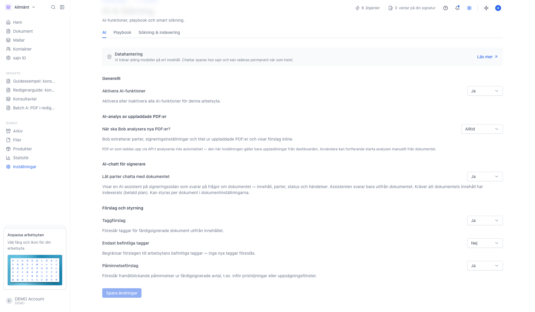 AI-inställningarna med rubriken Förslag och styrning och valen Taggförslag, Endast befintliga taggar och Påminnelseförslag