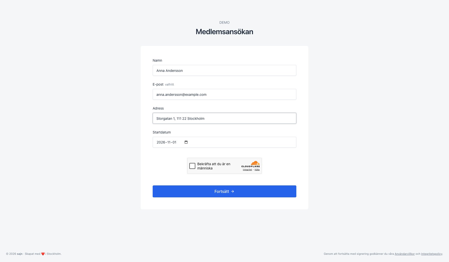 Den publika formulärsidan ifylld med namn, e-post, adress och startdatum