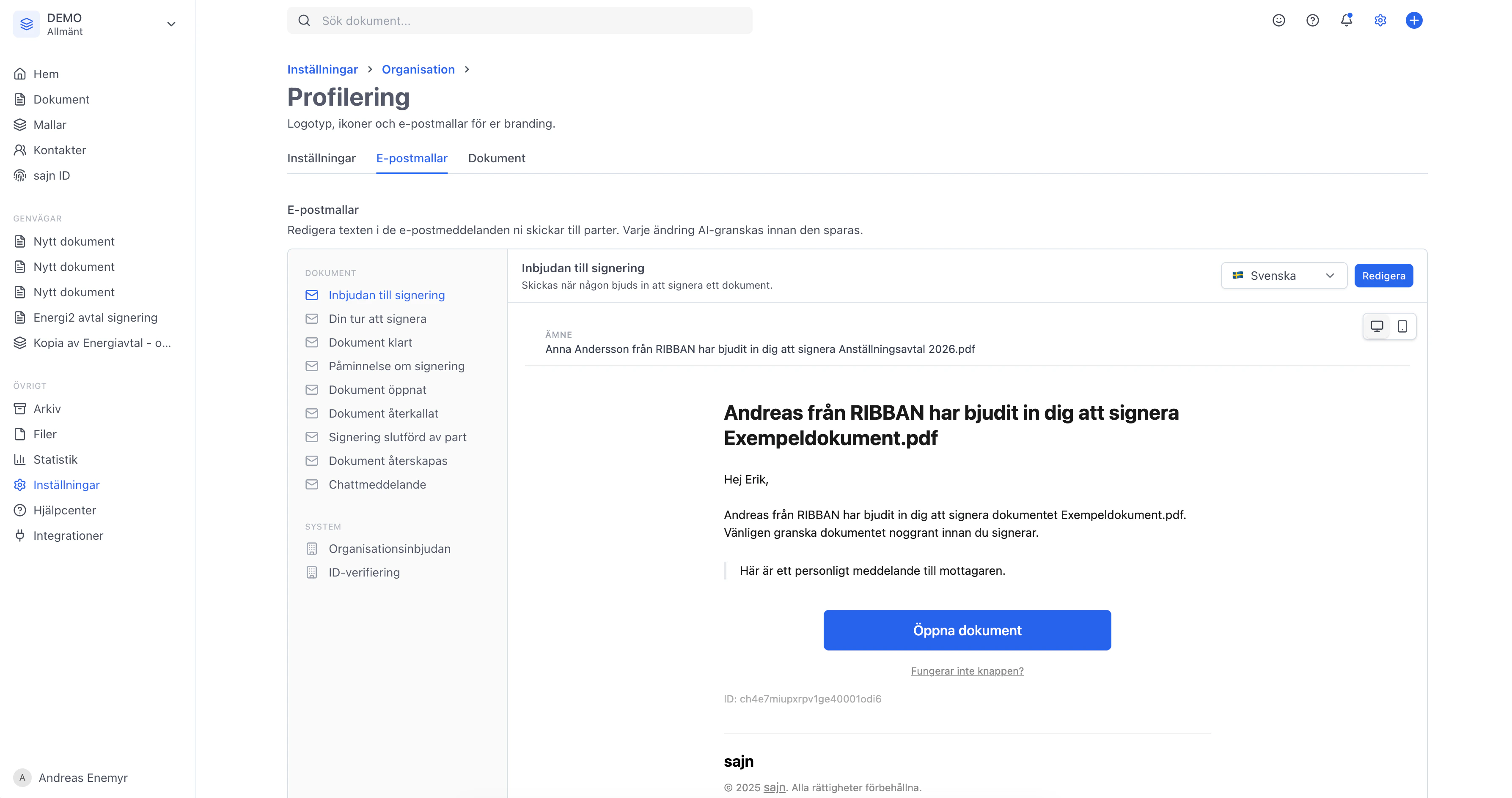 Översikt över e-postmallar i Profilering där olika mallar kan väljas och förhandsgranskas