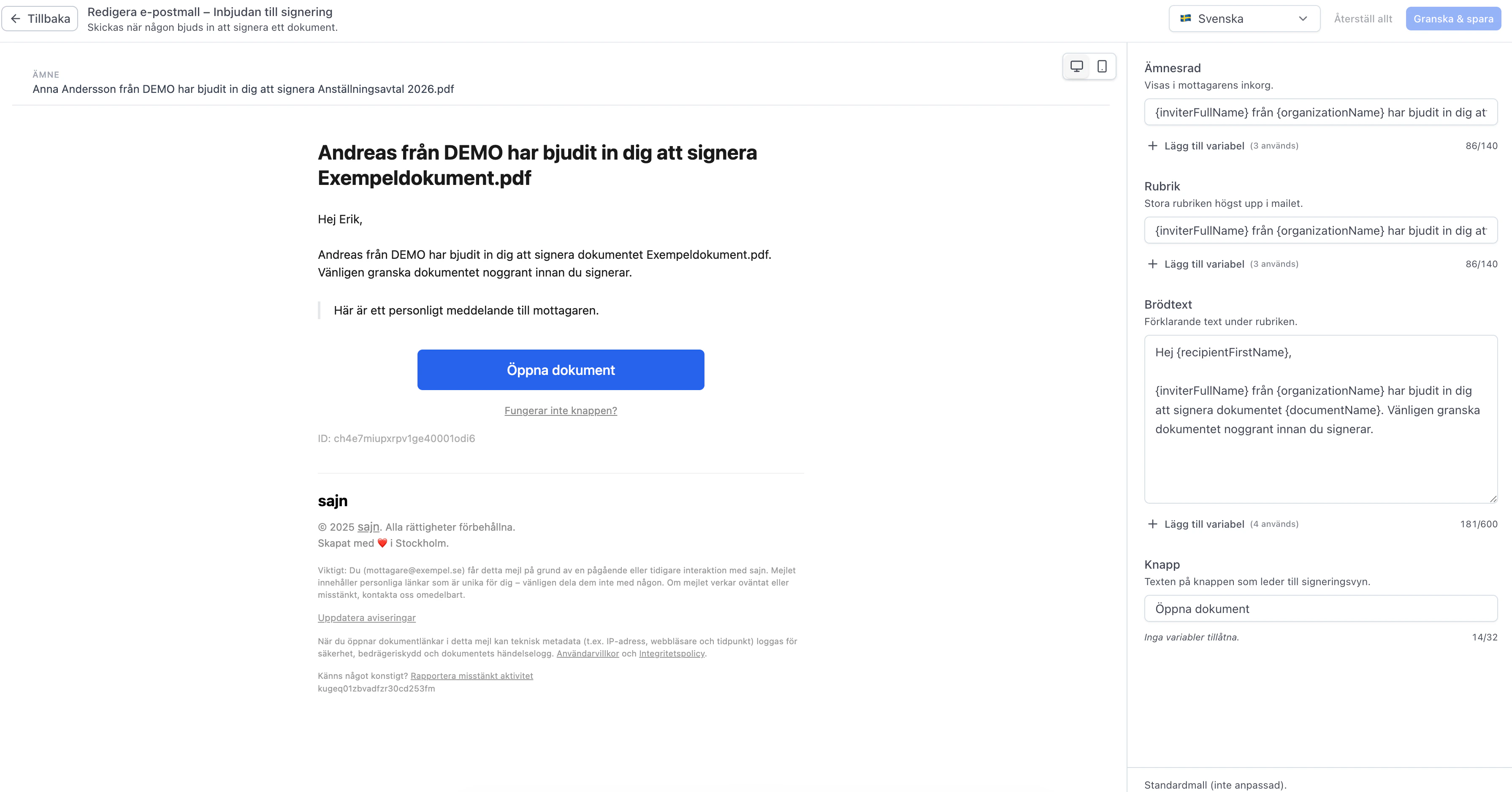 Redigeringsläget för en e-postmall med fält för ämnesrad, rubrik, brödtext och knapp samt en live-förhandsgranskning