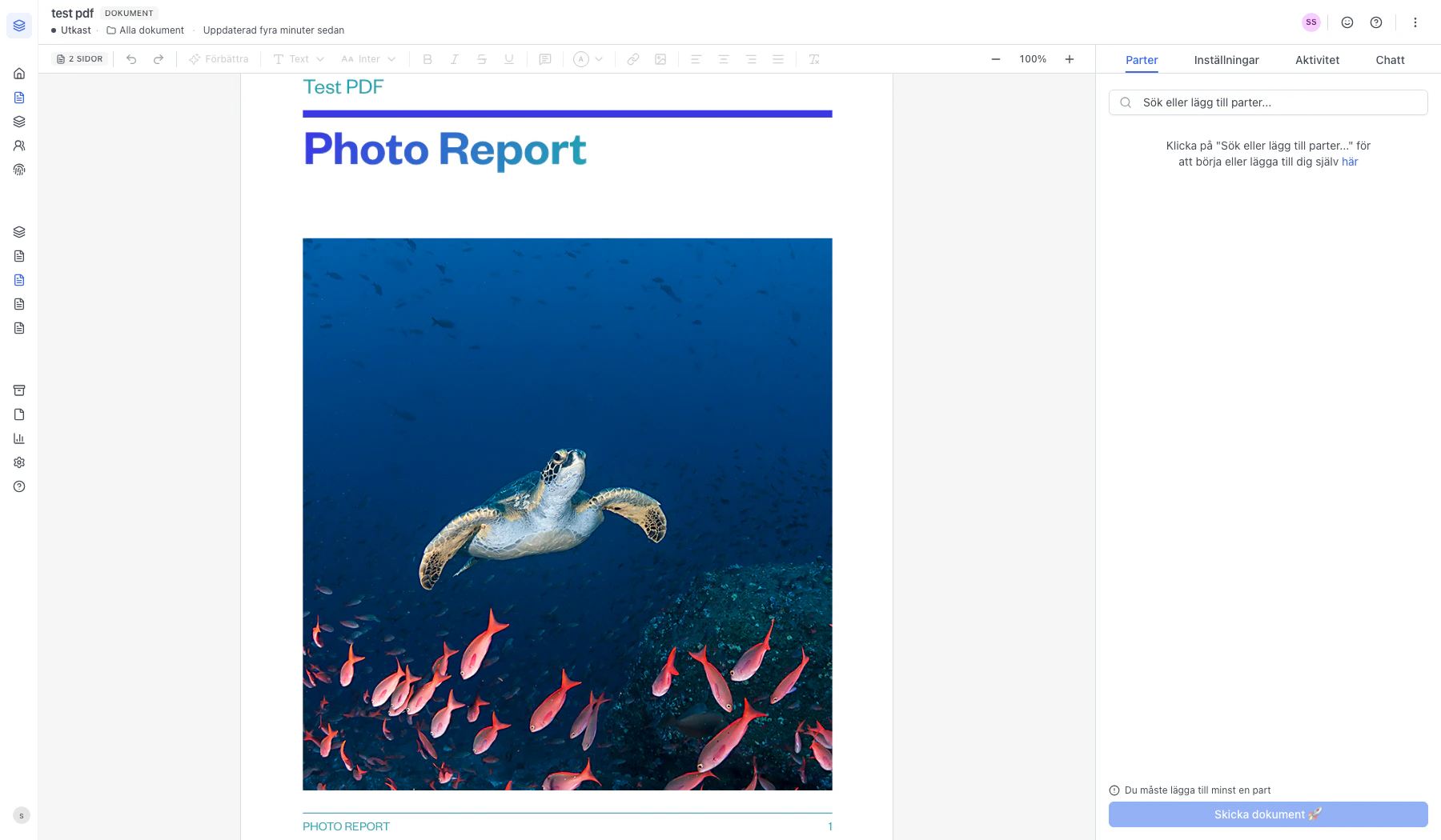 Editorn med PDF:en renderad som en egen sektion