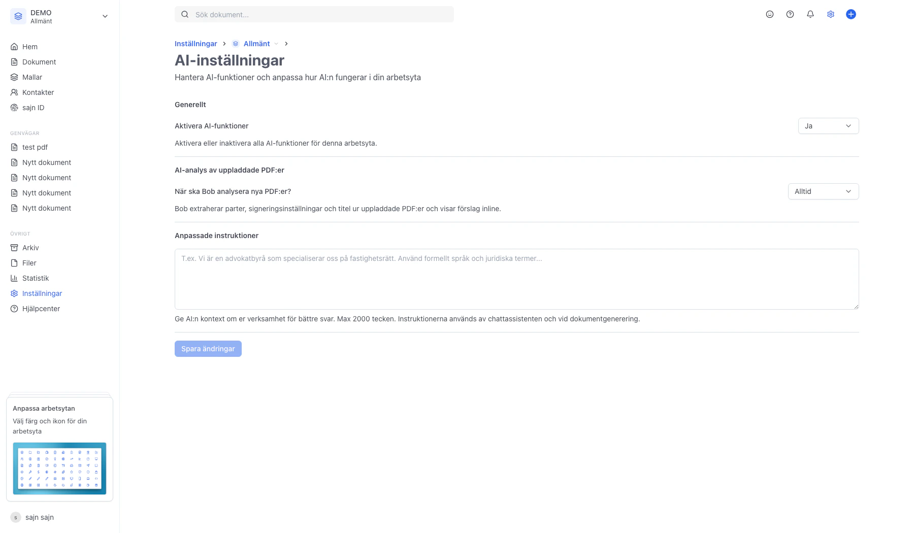 Sektionen Anpassade instruktioner med textfält för bakgrundsinformation