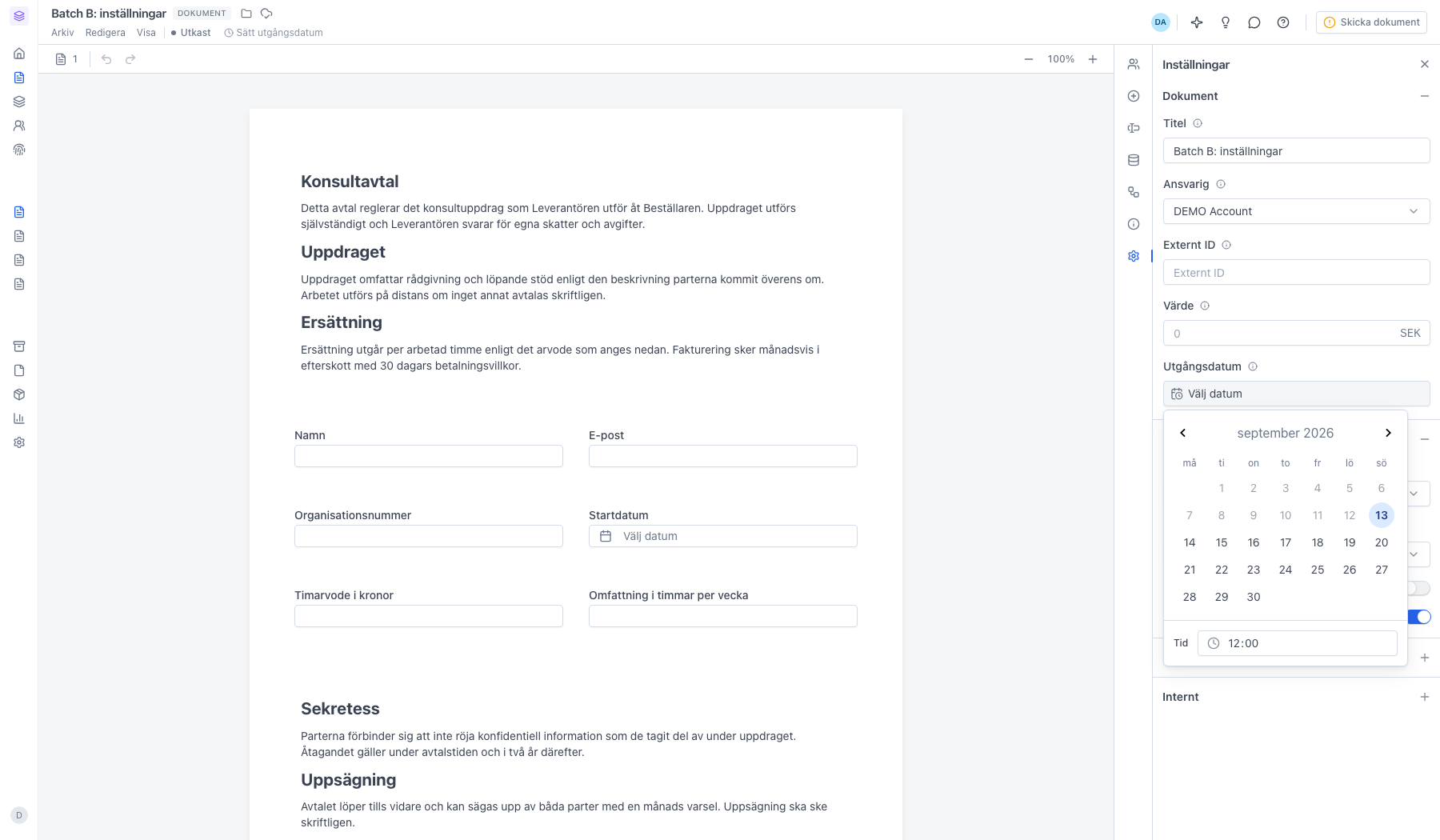 Kalendern öppen under inställningen Utgångsdatum