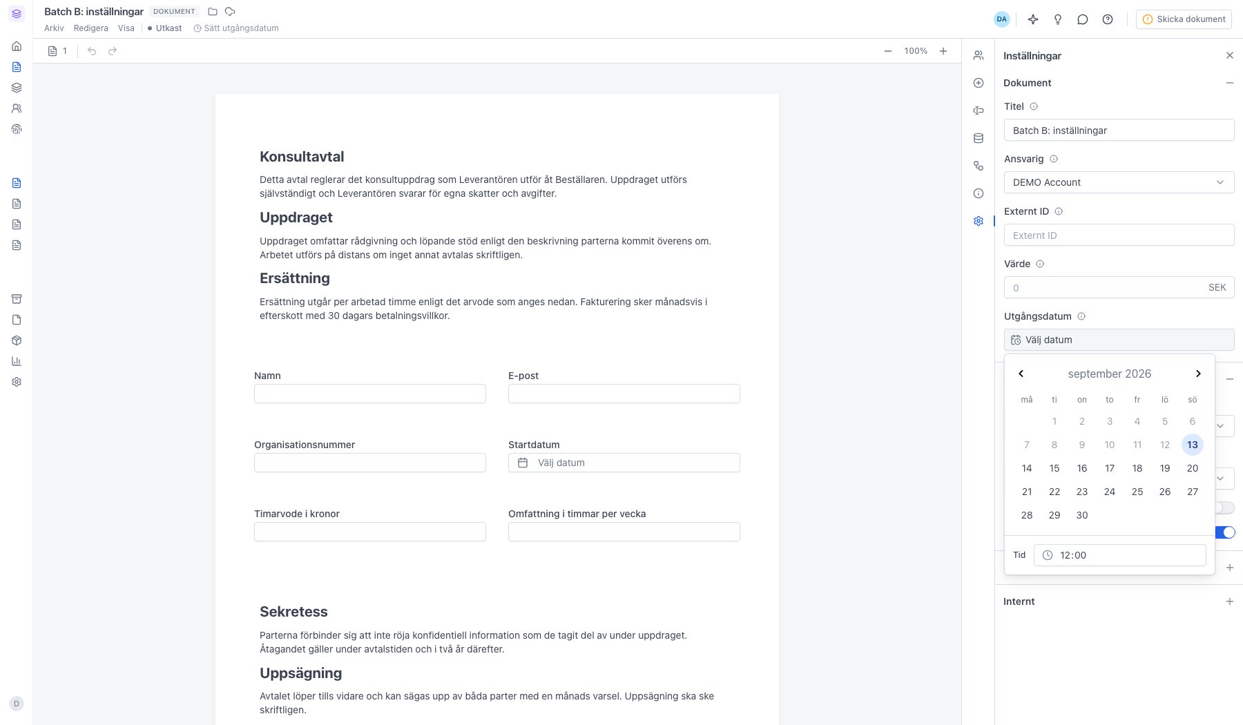 Kalendern öppen under inställningen Utgångsdatum