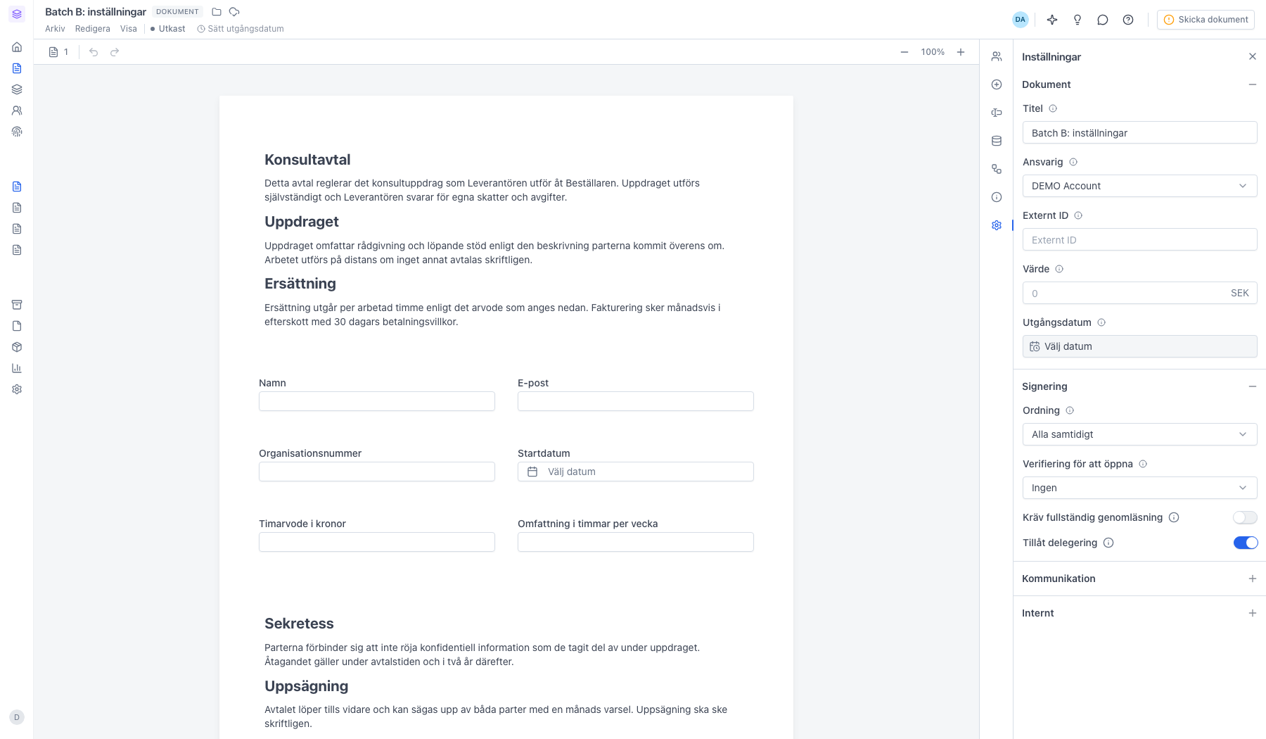 Sektionen Signering med inställningarna Ordning, Verifiering för att öppna, Kräv fullständig genomläsning och Tillåt delegering
