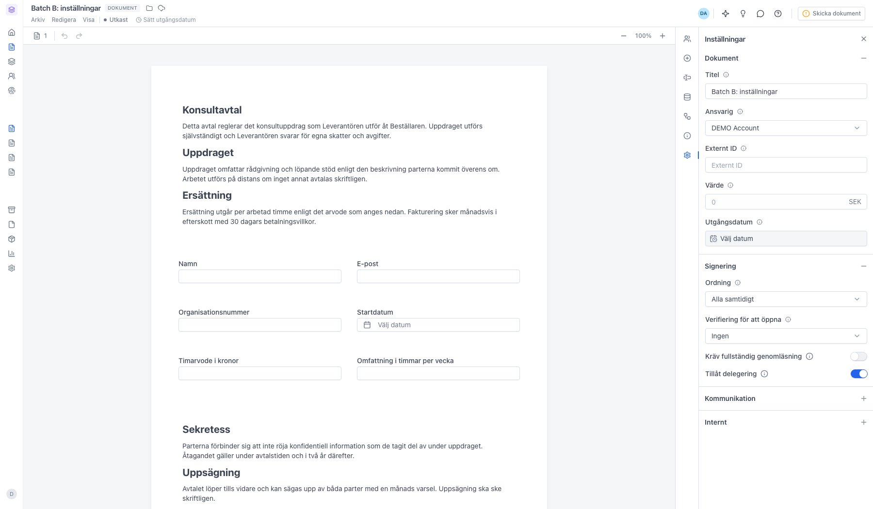 Sektionen Signering med inställningarna Ordning, Verifiering för att öppna, Kräv fullständig genomläsning och Tillåt delegering