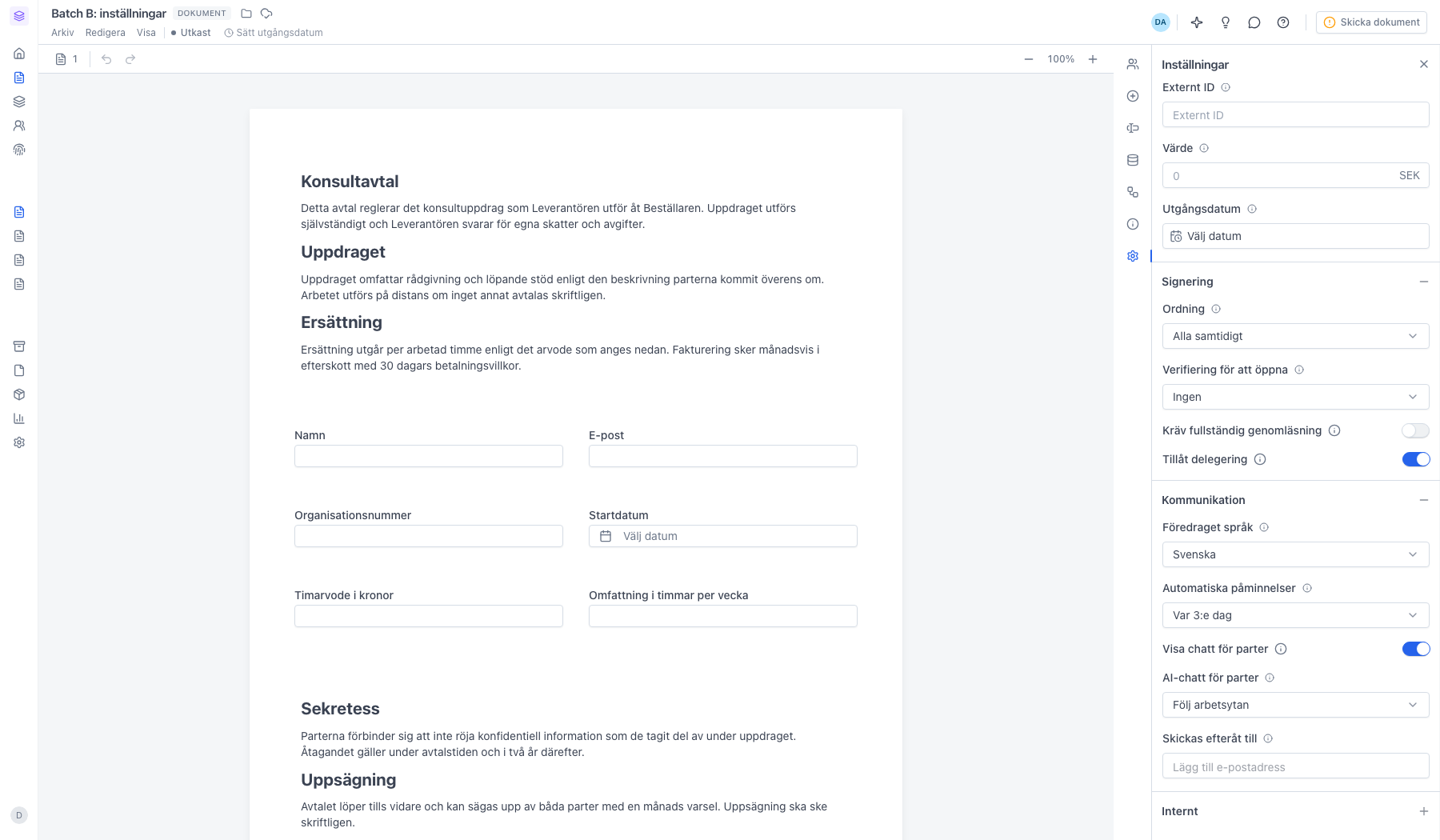 Sektionen Kommunikation med språk, automatiska påminnelser, chattinställningar och interna mottagare