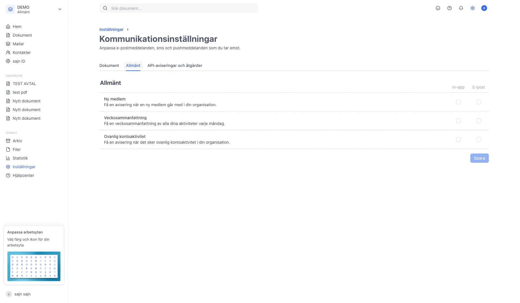 Fliken Allmänt med konto- och organisationsnotiser