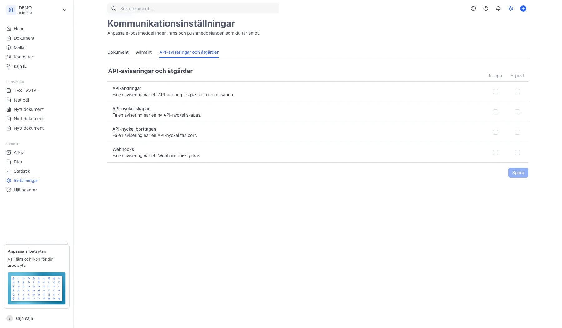 Knappen Spara längst ner på kommunikationsinställningssidan