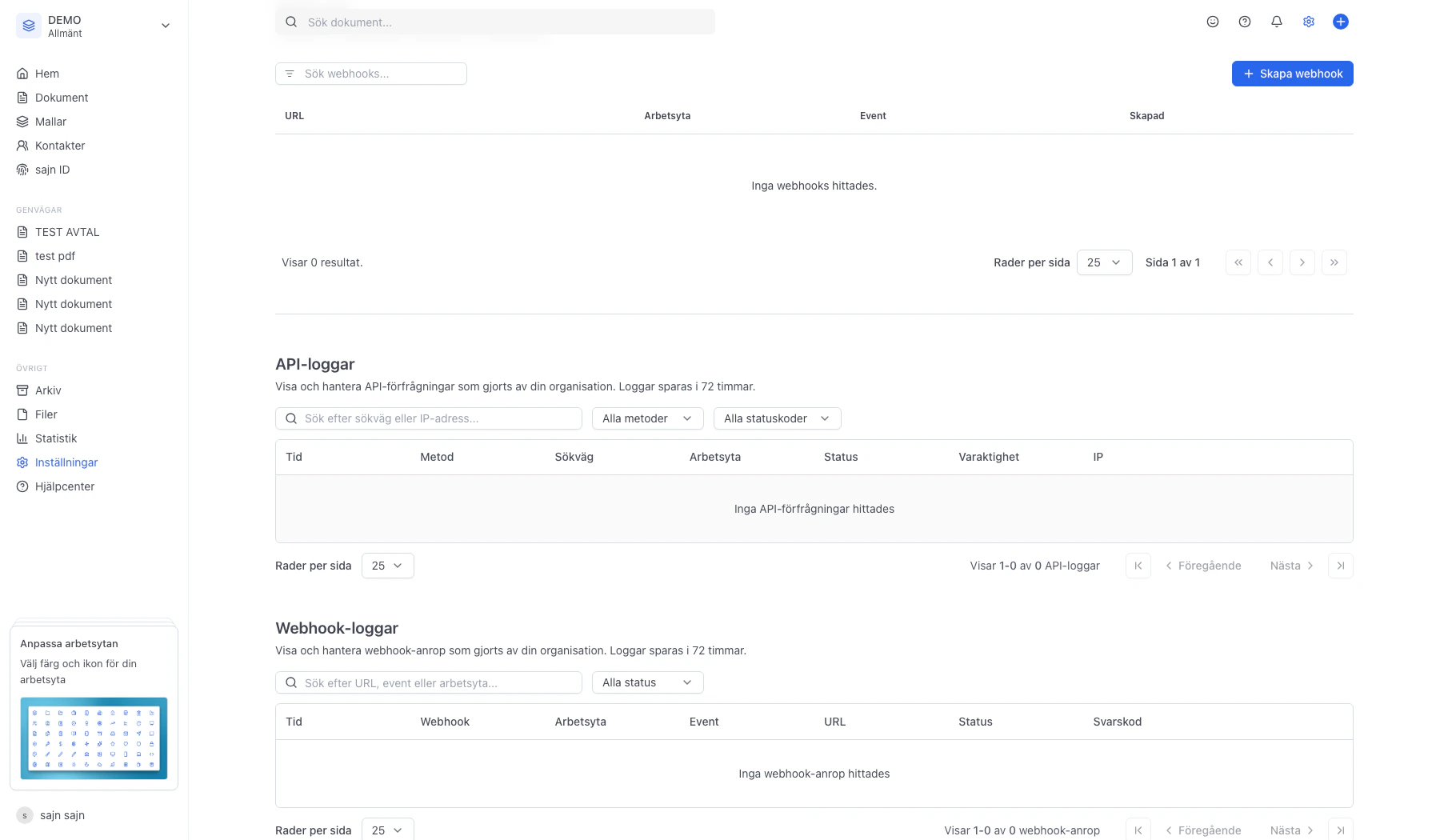 Sektionen Webhooks med tabell över aktiva webhooks