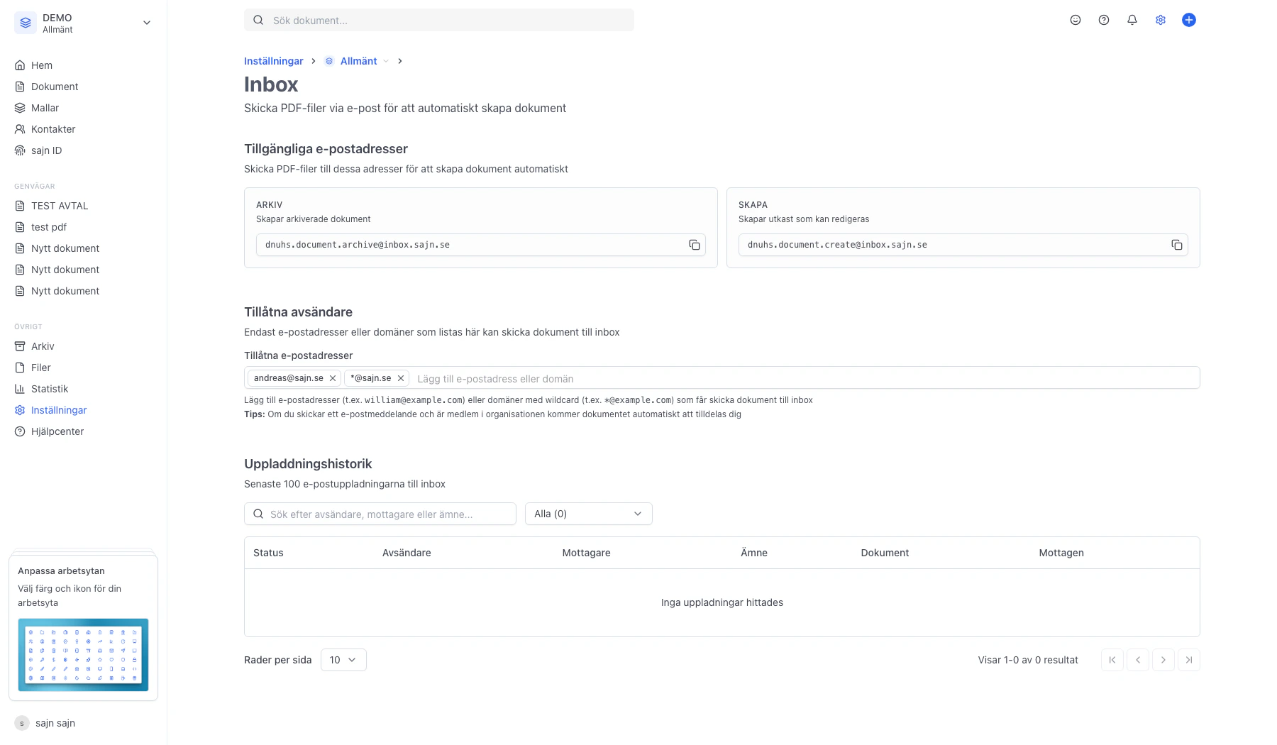 Sidan Inbox öppen under Arbetsyteinställningar