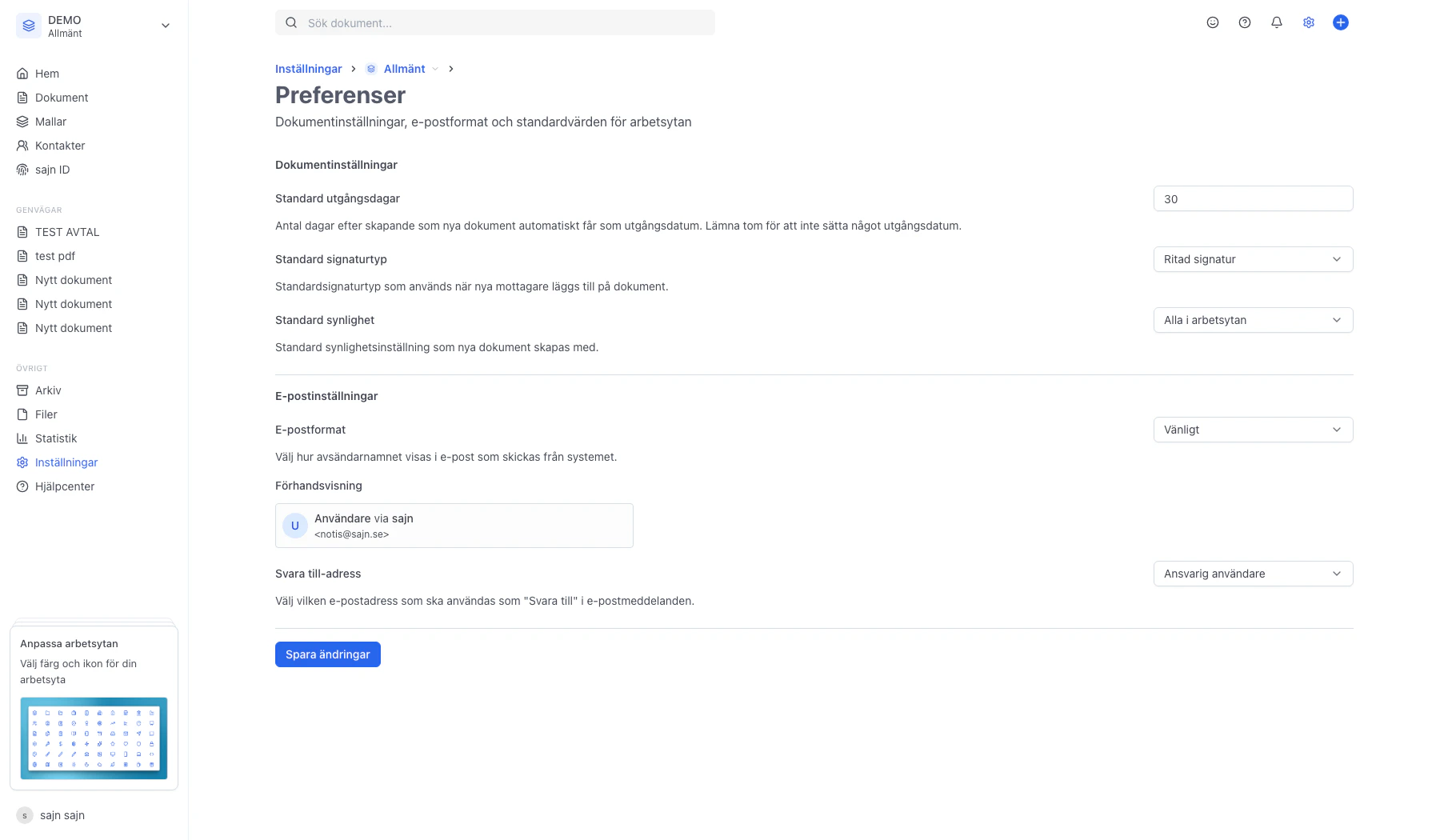 Sektionen E-postinställningar med avsändarformat och förhandsvisning