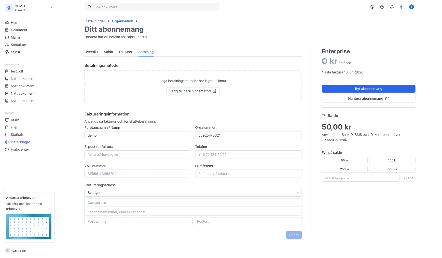 Fliken Betalning med betalmetoder och faktureringsuppgifter