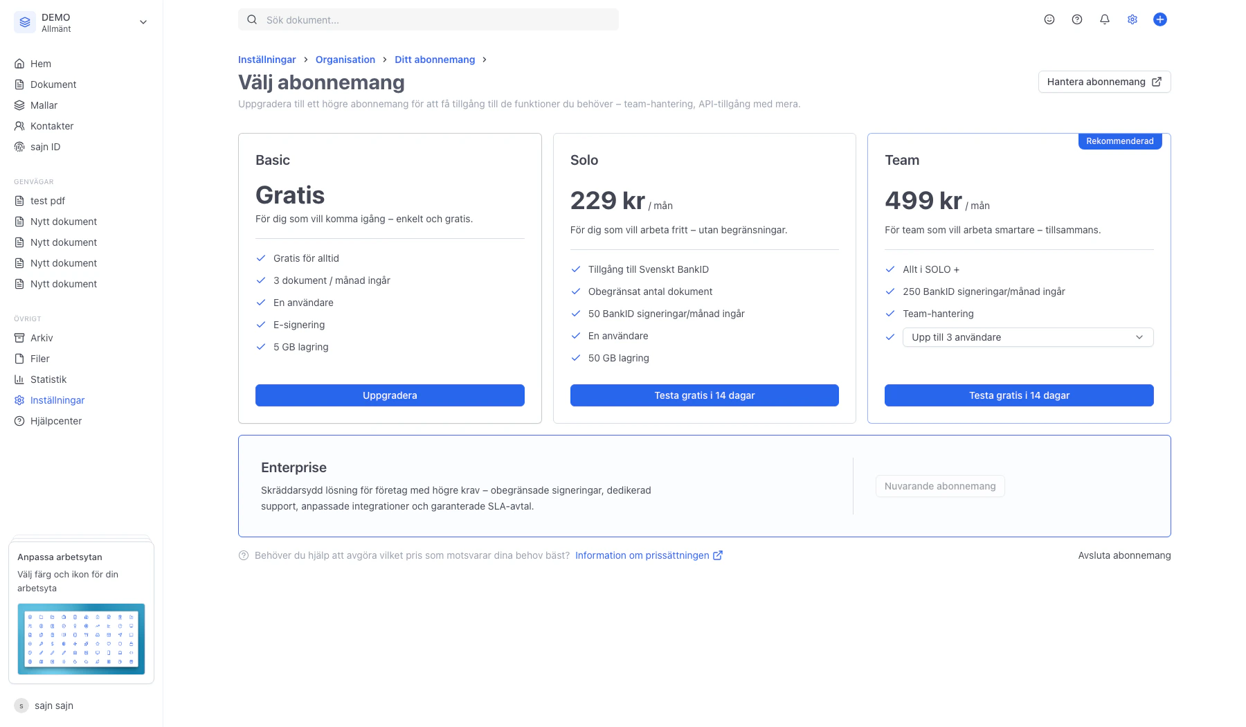 Plan-väljaren med Basic, Solo, Team och Enterprise-kort