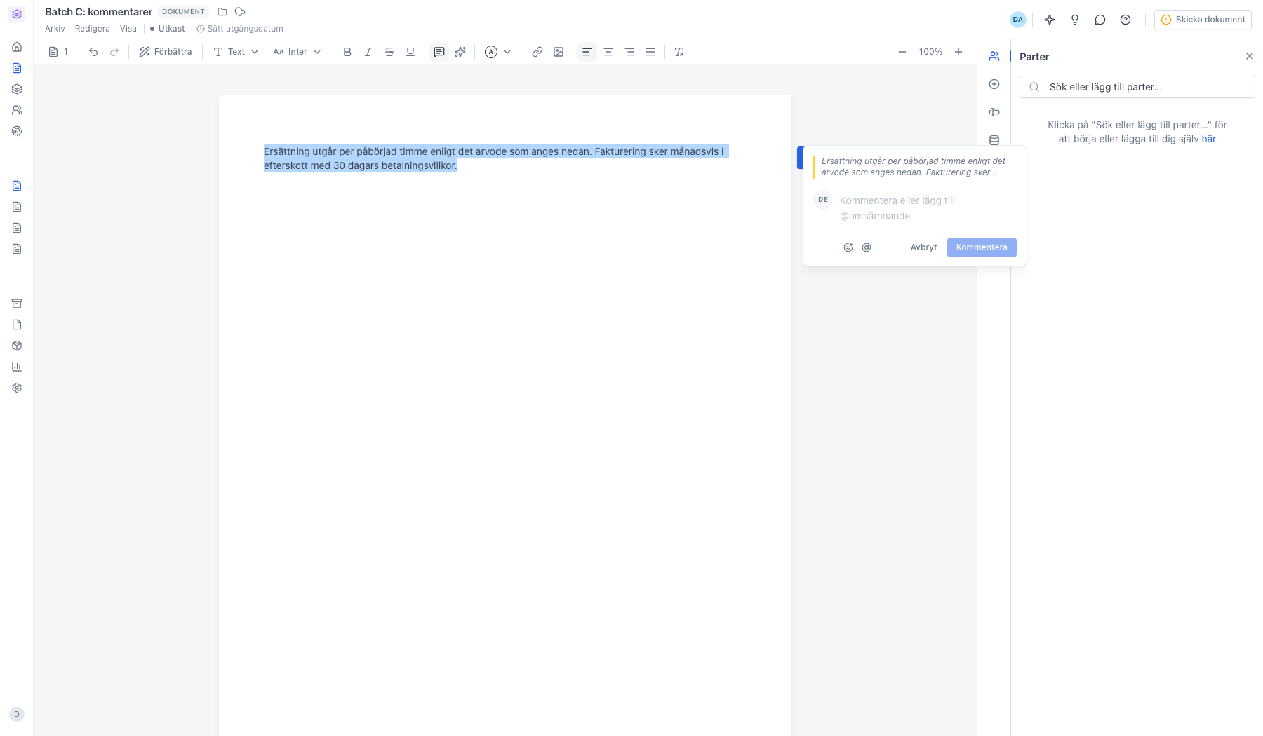 Kommentarsrutan öppen med markerad text som citat