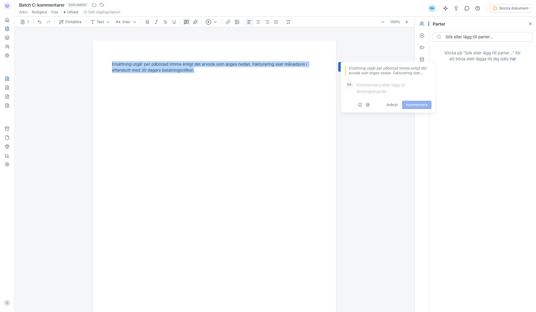Kommentarsrutan öppen med markerad text som citat