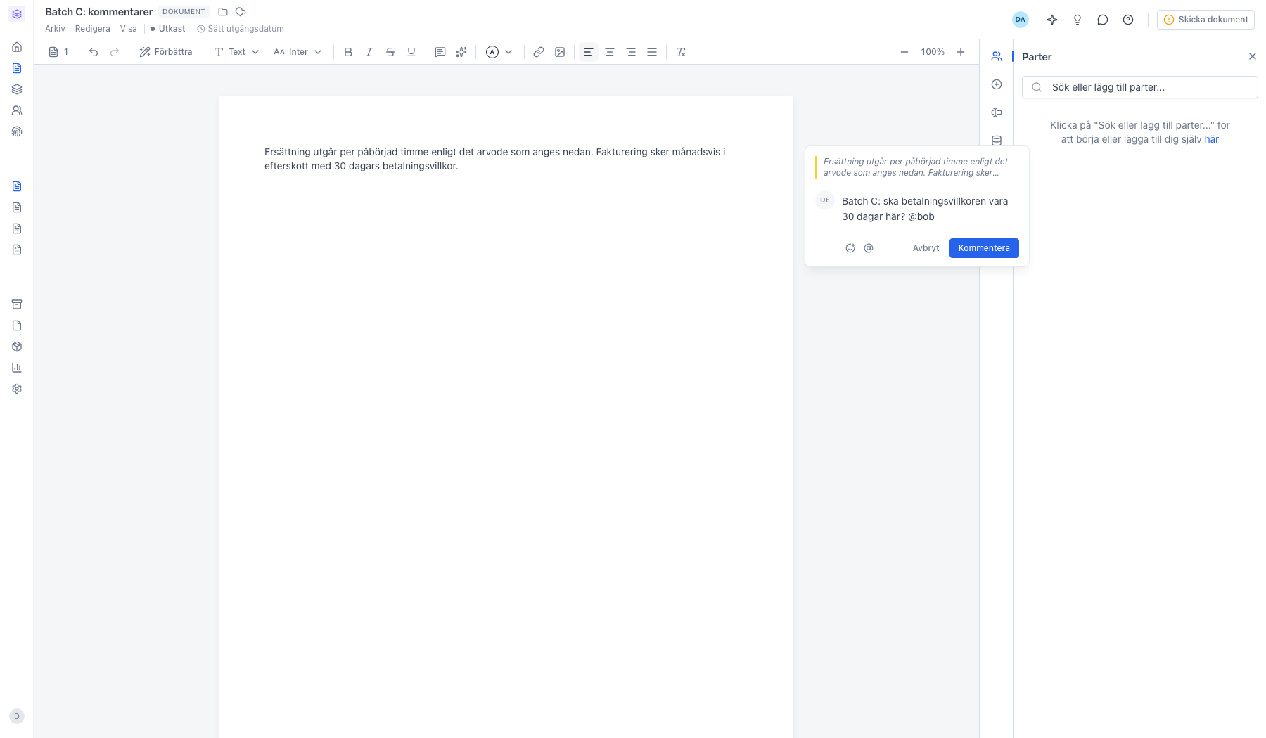 Omnämnande infogat i kommentaren och redo att skickas