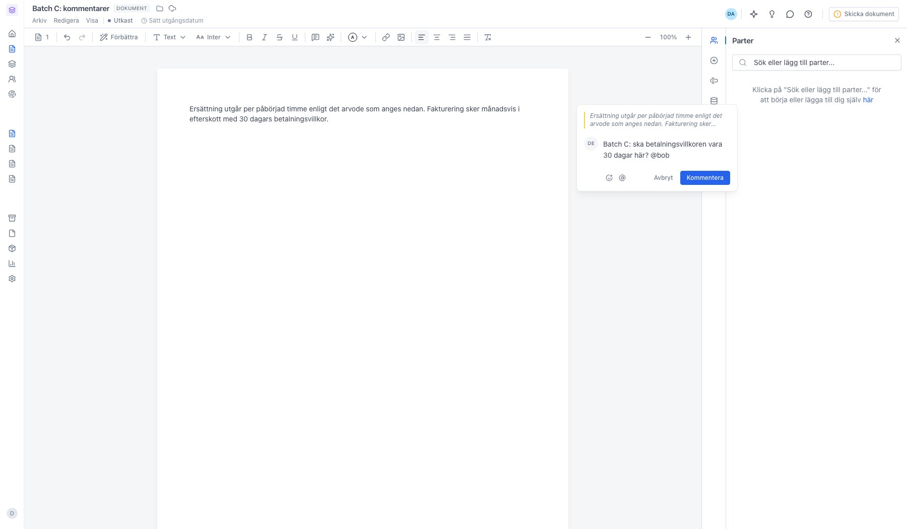 Omnämnande infogat i kommentaren och redo att skickas