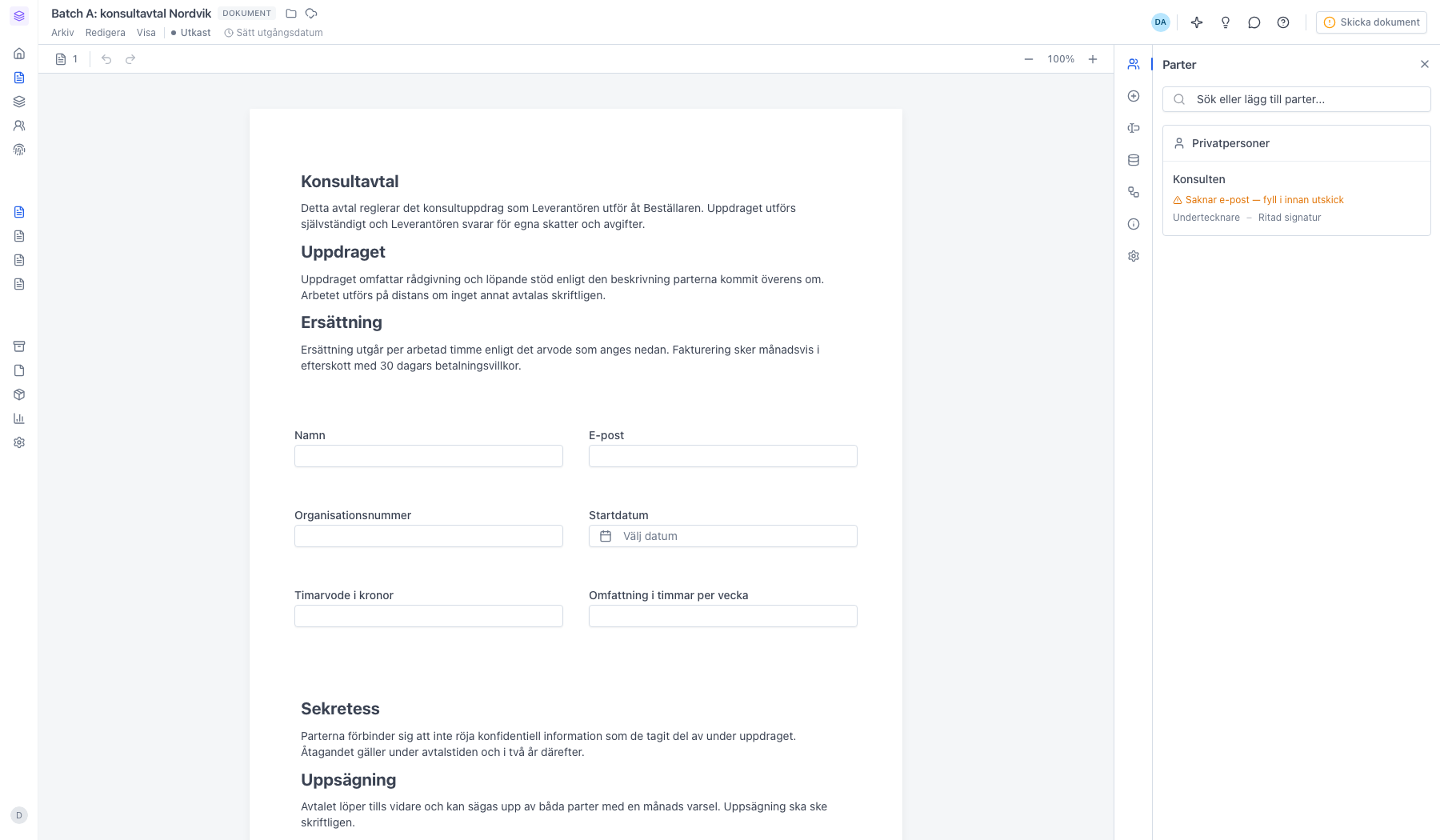 Dokumentet med nytt namn redo att skickas för signering