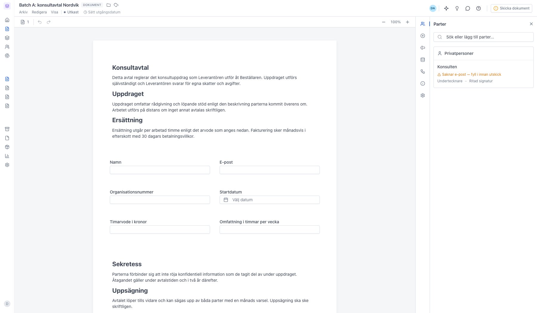 Dokumentet med nytt namn redo att skickas för signering