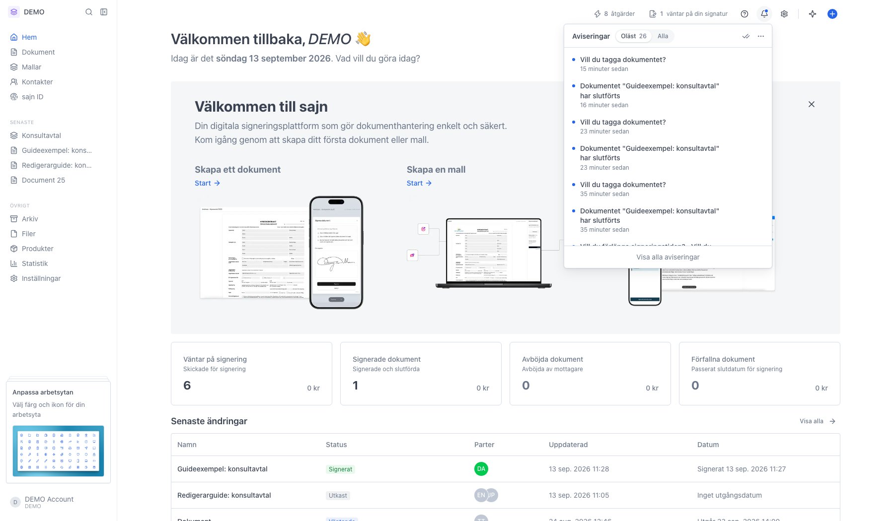 Aviseringar med flikarna Oläst och Alla och en lista med händelser
