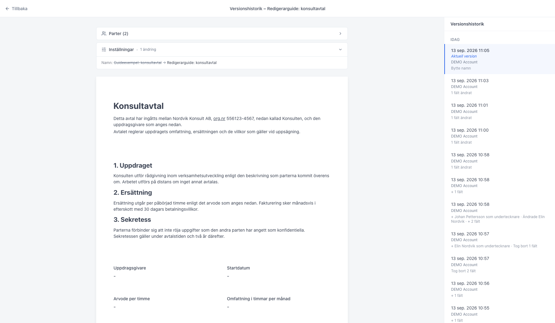 Versionshistoriken öppen med versioner grupperade per tidsperiod