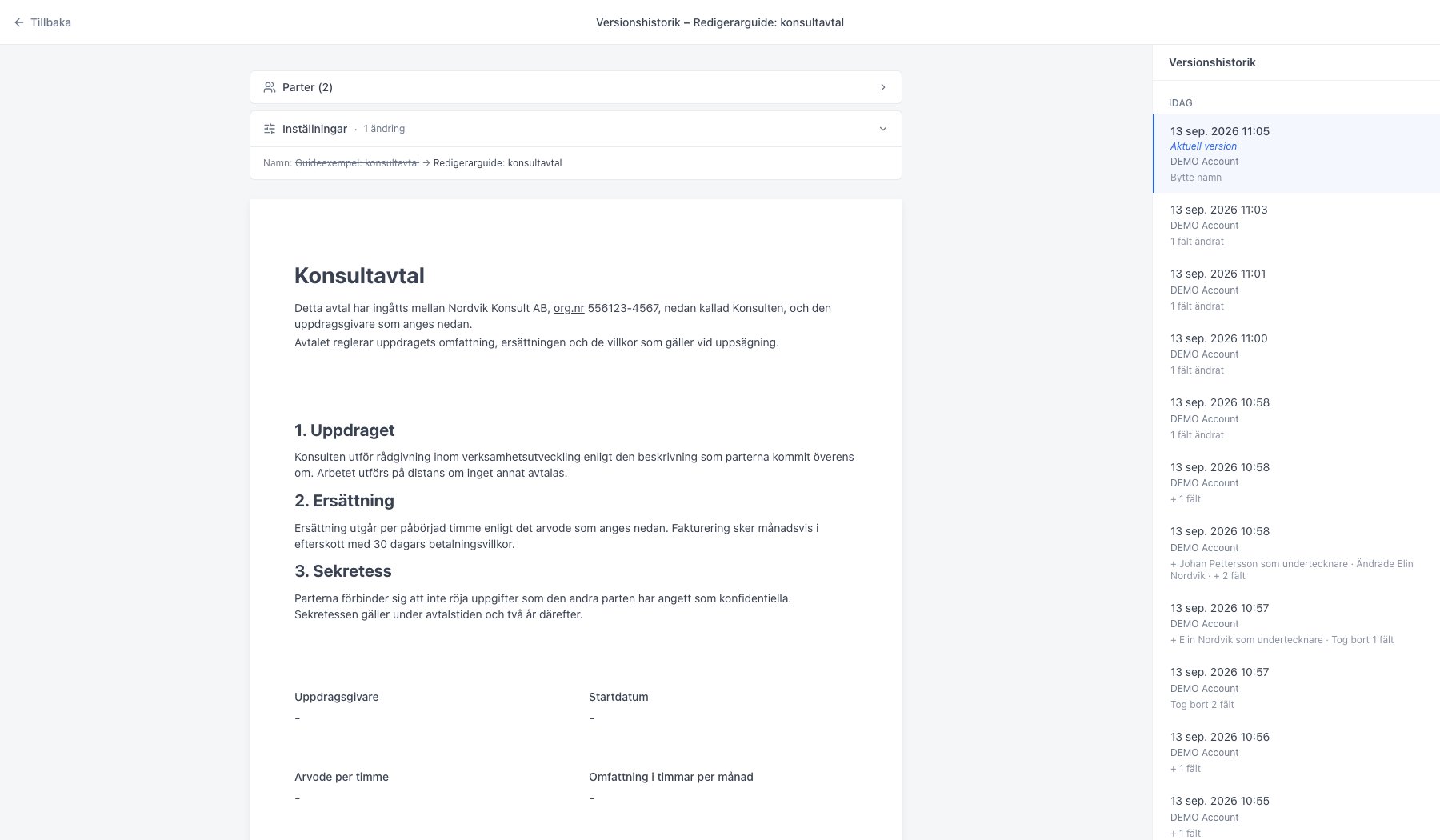 Versionshistoriken öppen med versioner grupperade per tidsperiod