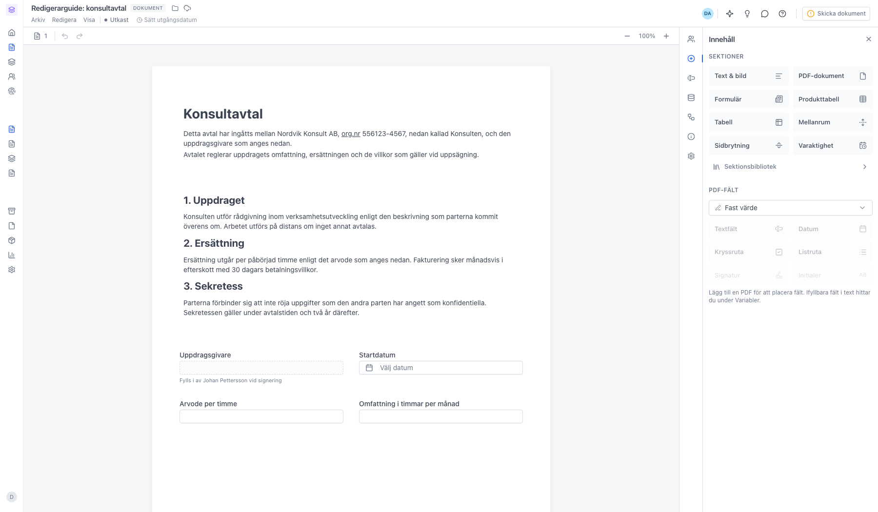 Panelen Innehåll med sektionstyper överst och PDF-fält under