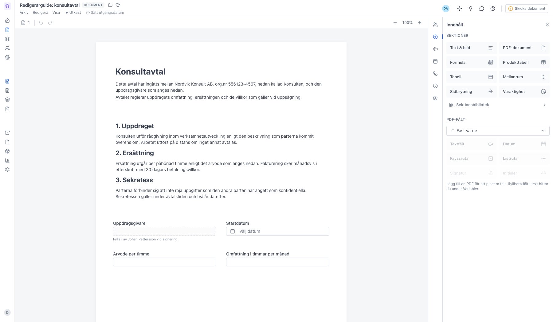 Panelen Innehåll med sektionstyper överst och PDF-fält under