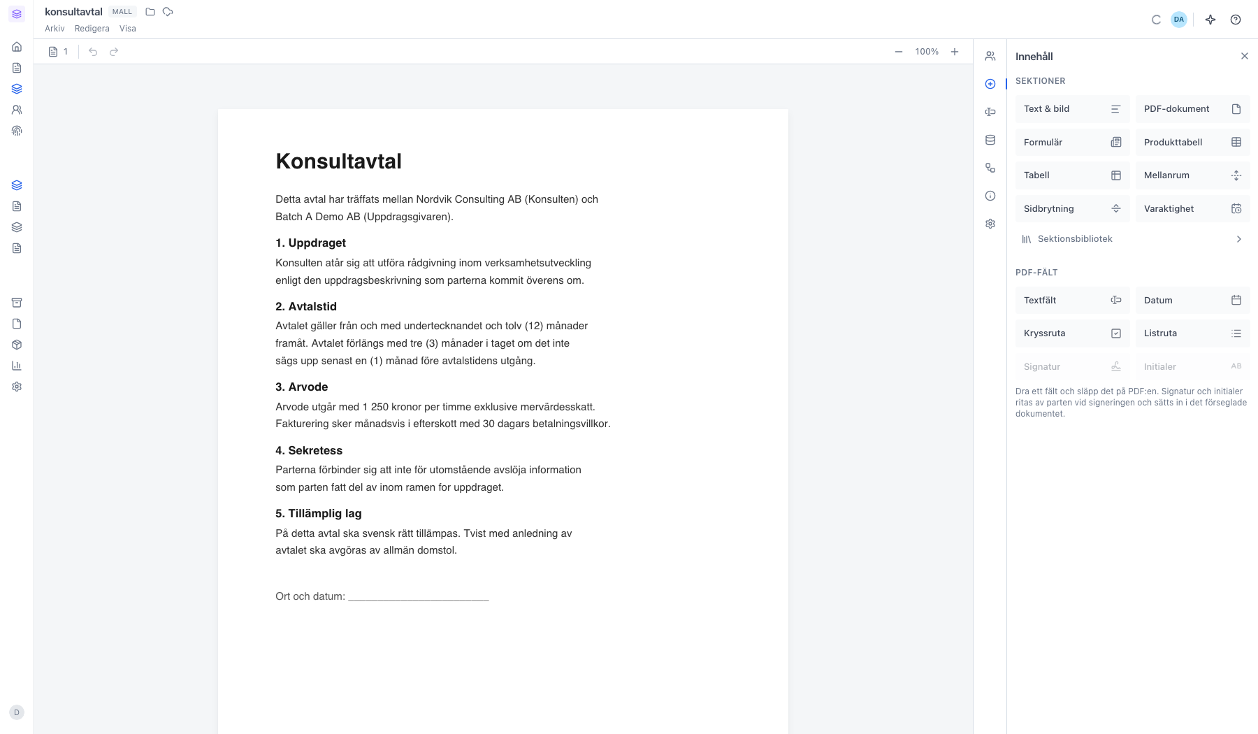 Den färdiga mallen i redigeraren med PDF:en inlagd och PDF-fälten tillgängliga