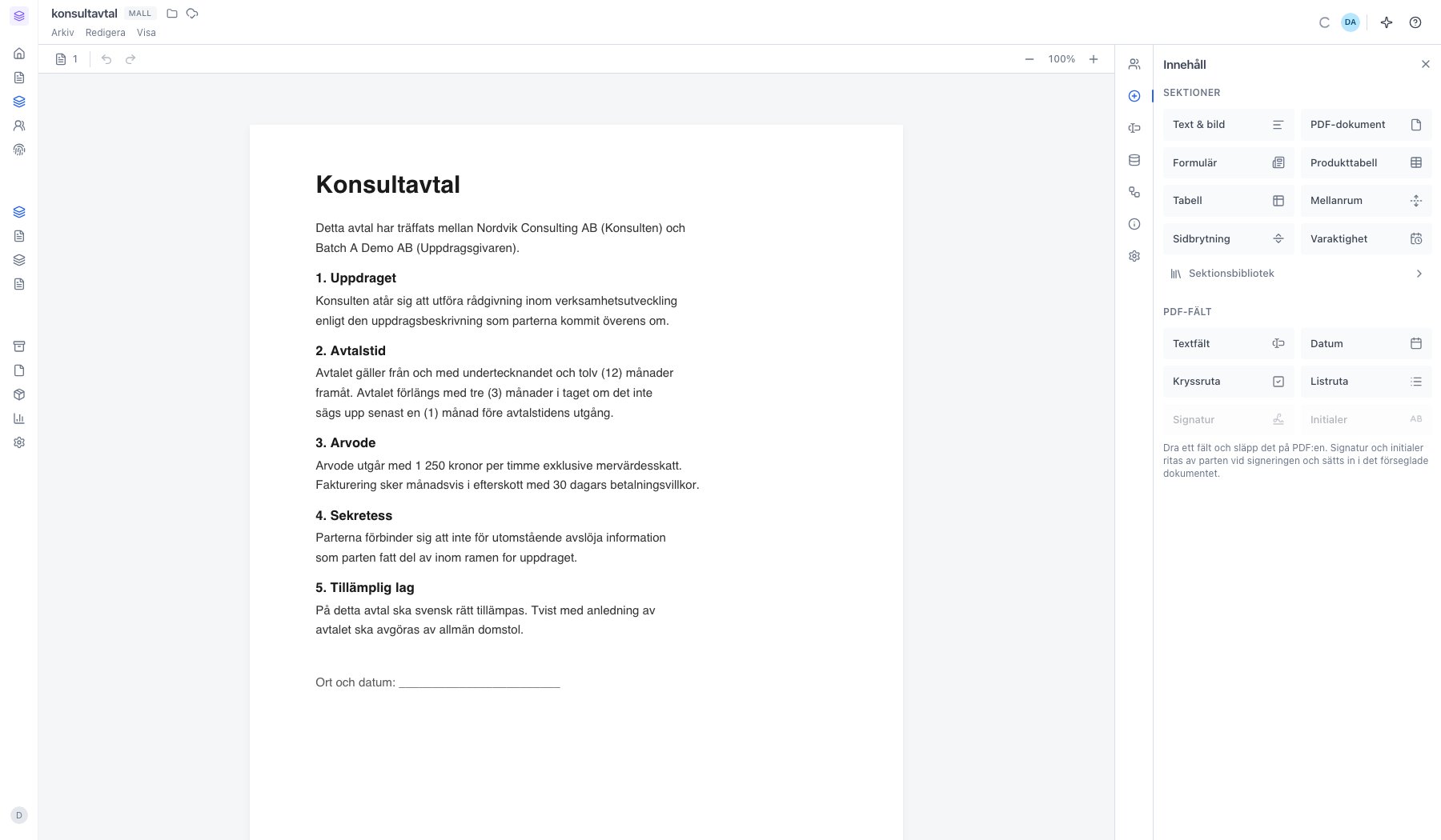 Den färdiga mallen i redigeraren med PDF:en inlagd och PDF-fälten tillgängliga