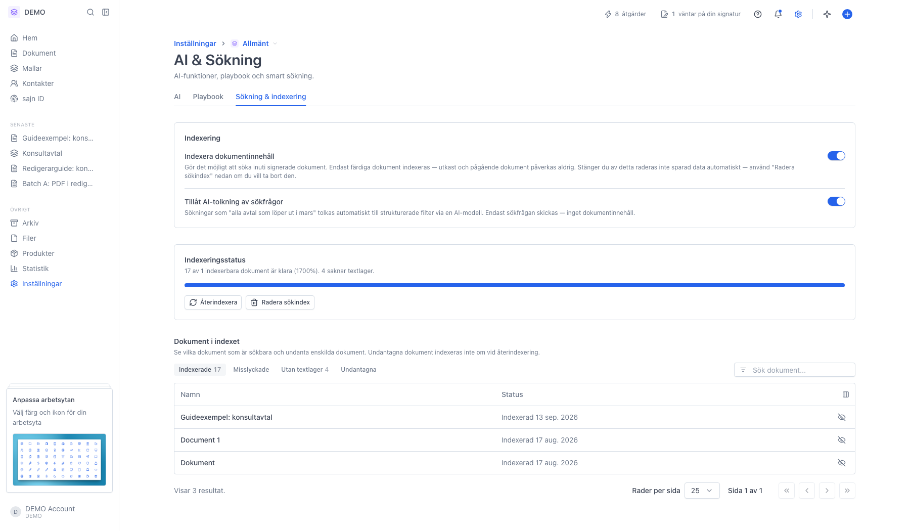 Fliken Sökning och indexering med strömbrytare, indexeringsstatus och listan över dokument i indexet