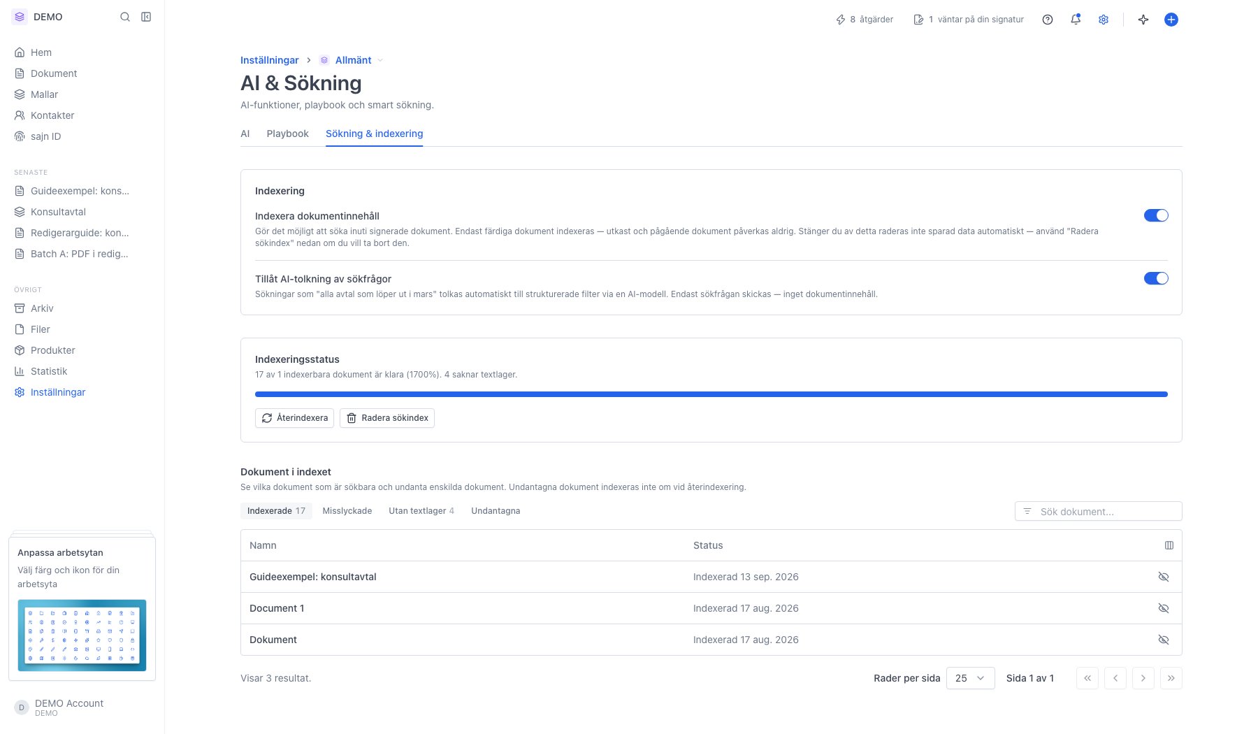 Fliken Sökning och indexering med strömbrytare, indexeringsstatus och listan över dokument i indexet