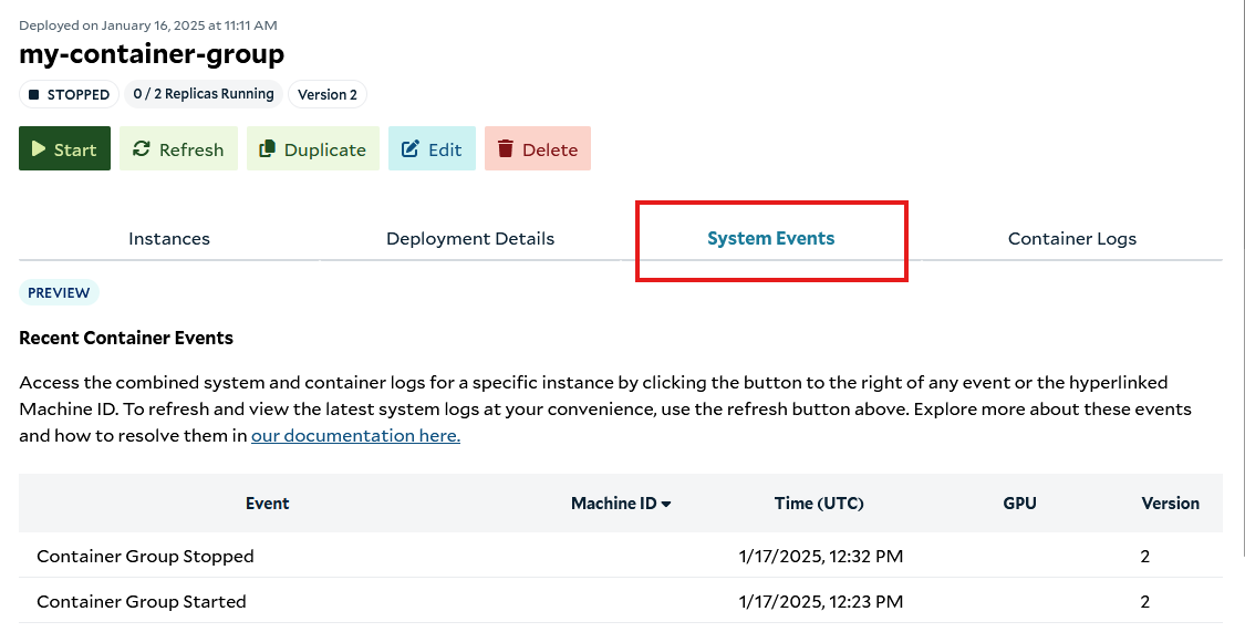 System Events tab in the Portal