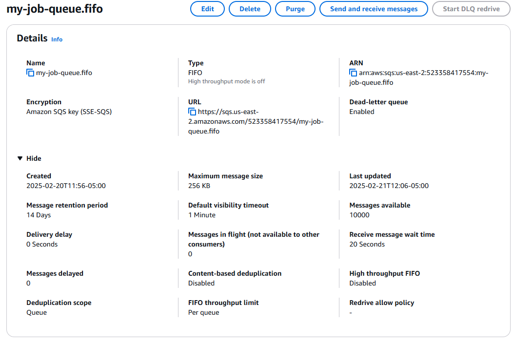 The SQS Console showing 10000 messages in the queue
