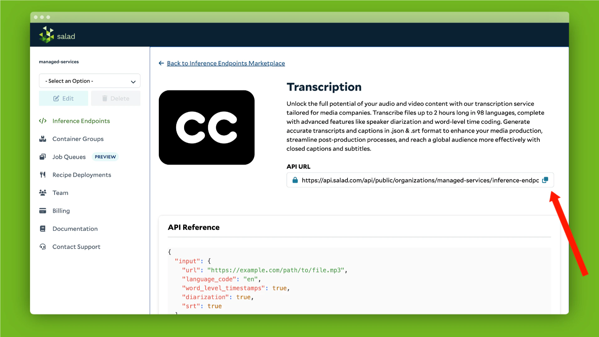 Copy Transcription API URL