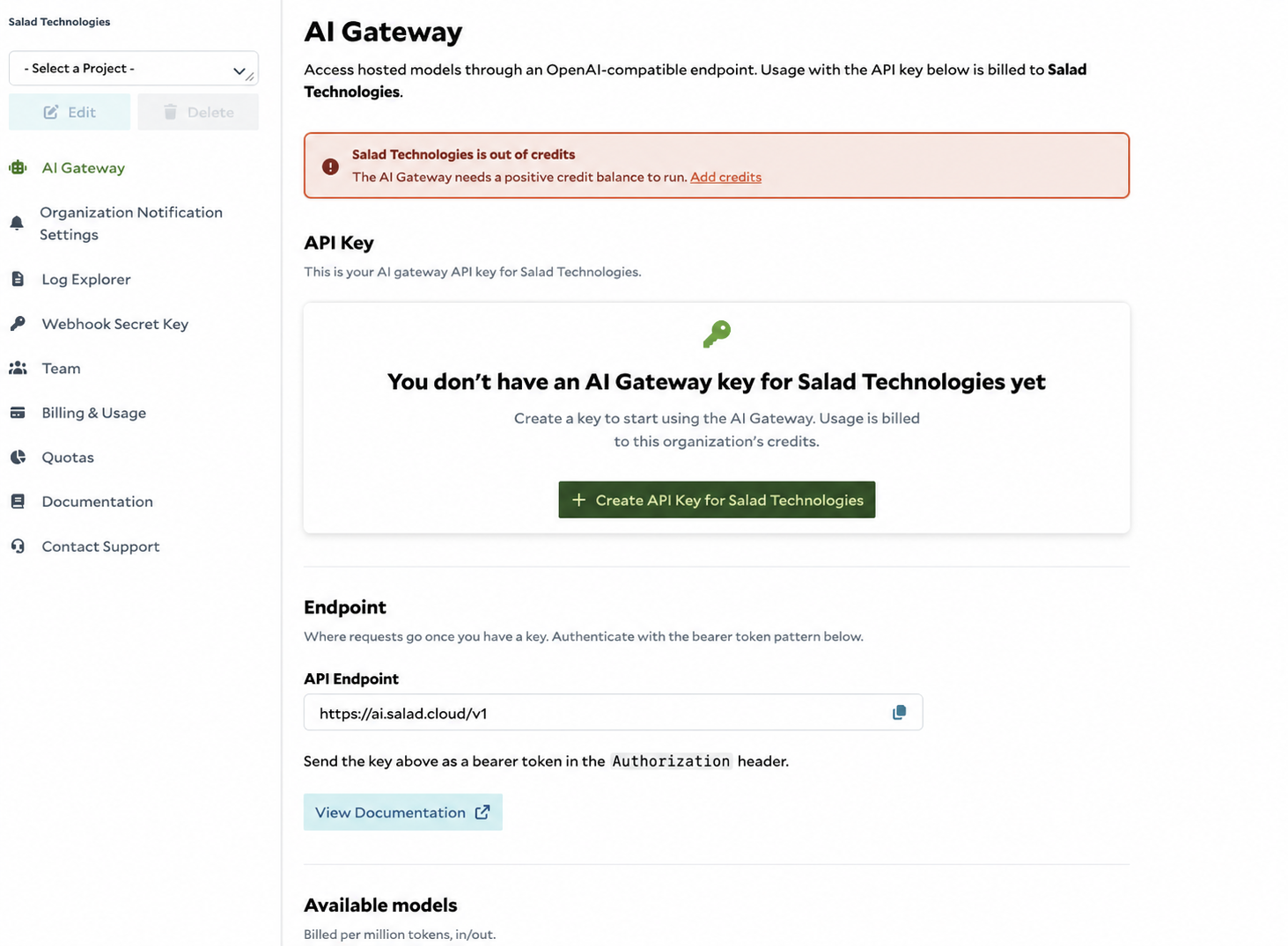 AI Gateway page with the button to create an API key for the selected organization