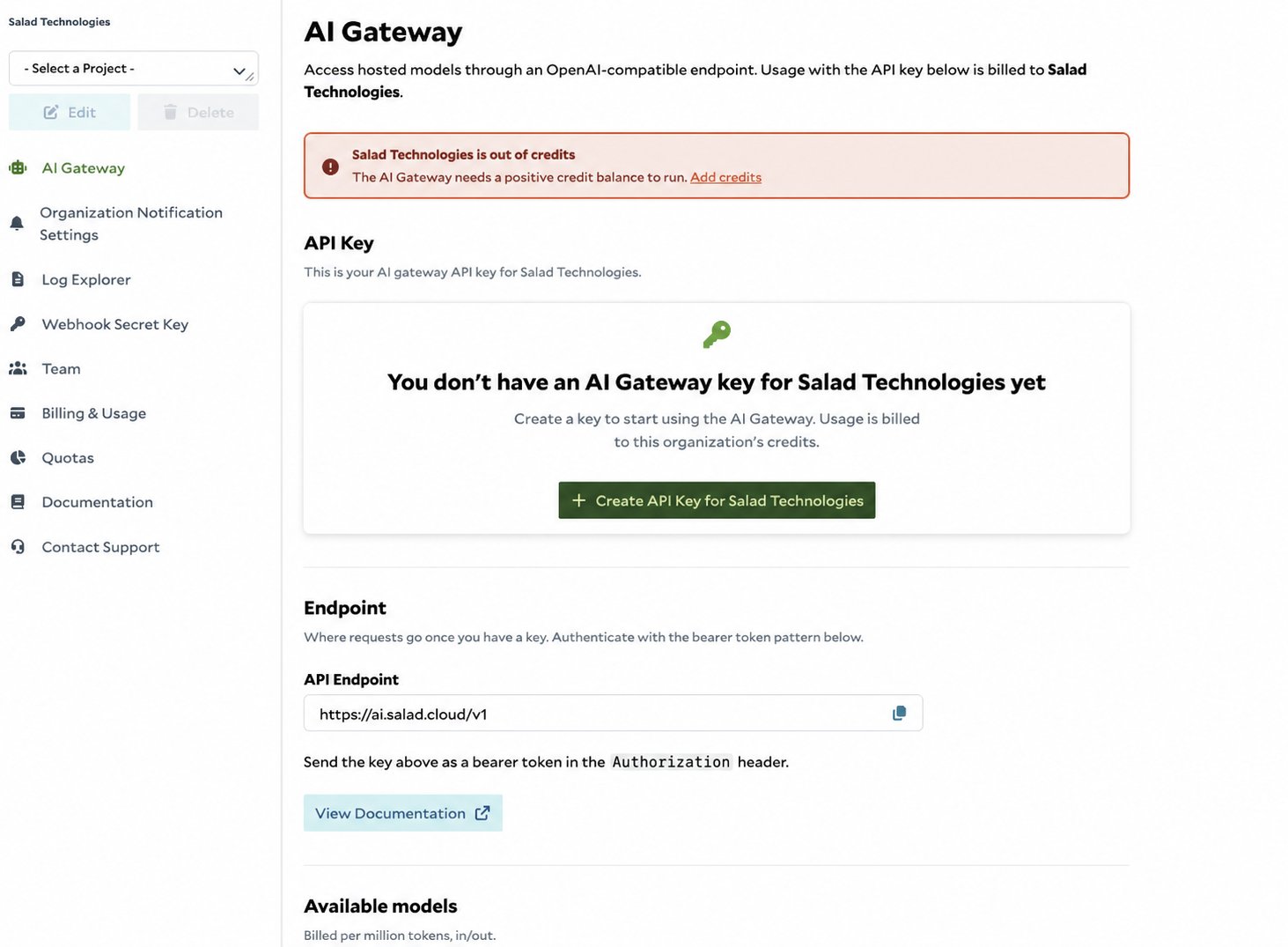 AI Gateway page with the button to create an API key for the selected organization