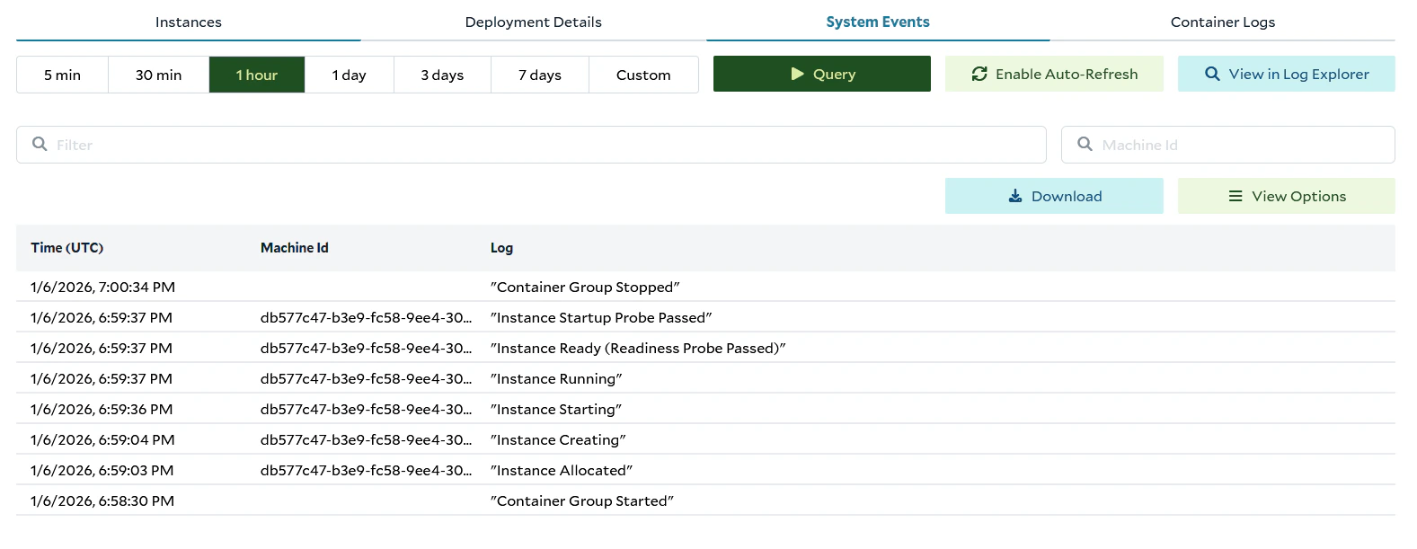 System Events tab in the Portal