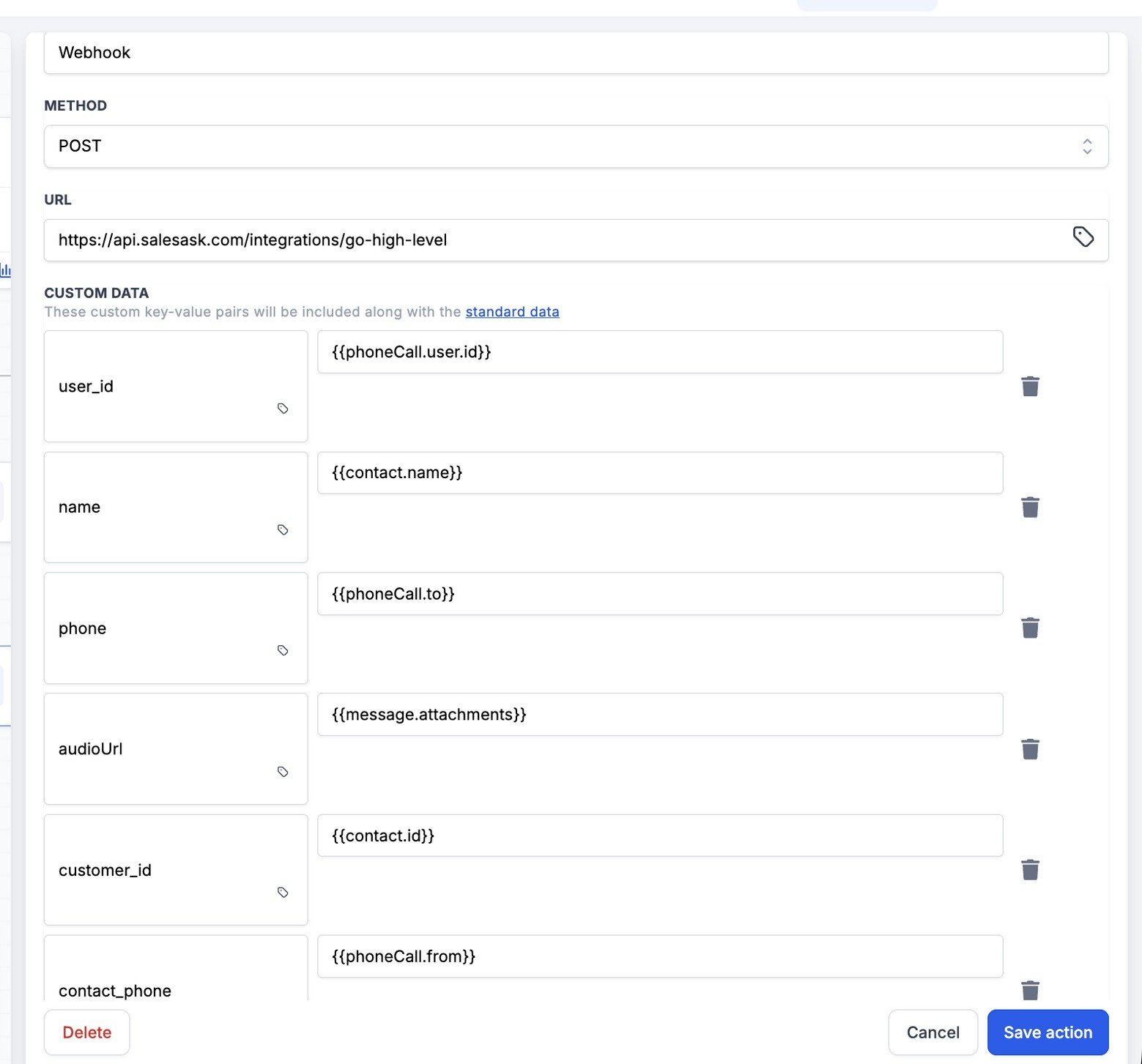 GoHighLevel webhook action with method POST, the Sales Ask URL, and custom data keys user_id, name, phone, audioUrl, customer_id, and contact_phone