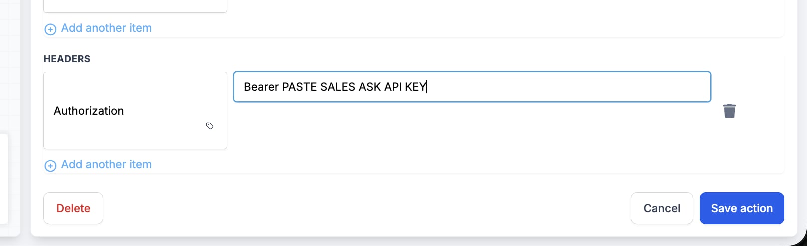 GoHighLevel webhook headers section with an Authorization header set to Bearer followed by the Sales Ask API key placeholder