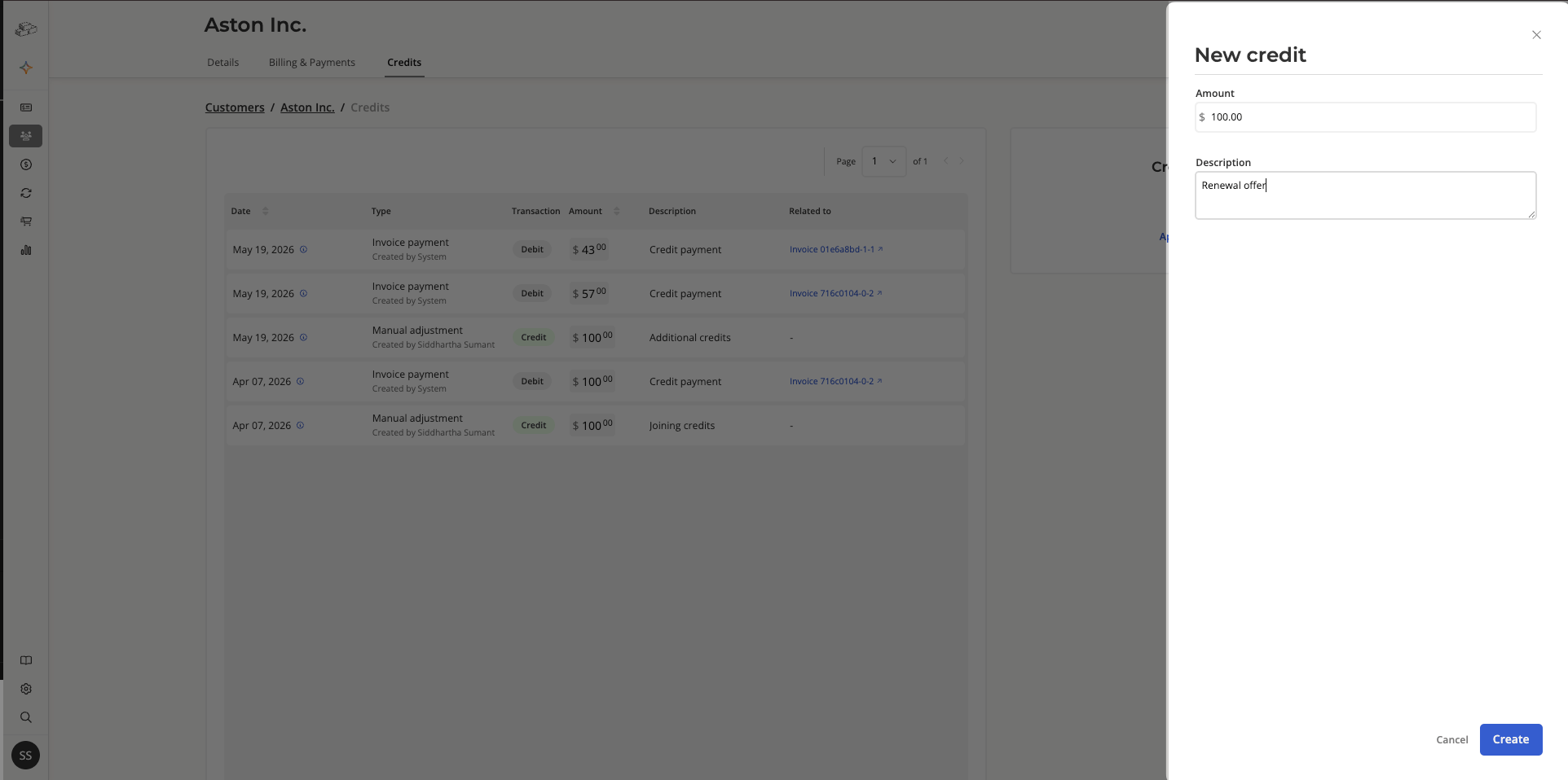 New credit panel with amount and description fields