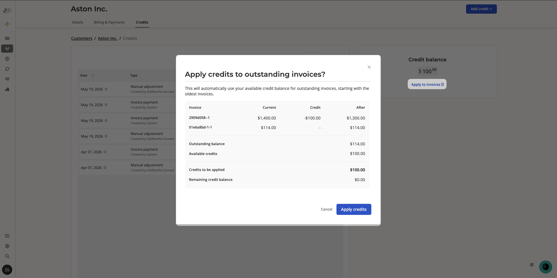 Apply credits to outstanding invoices modal