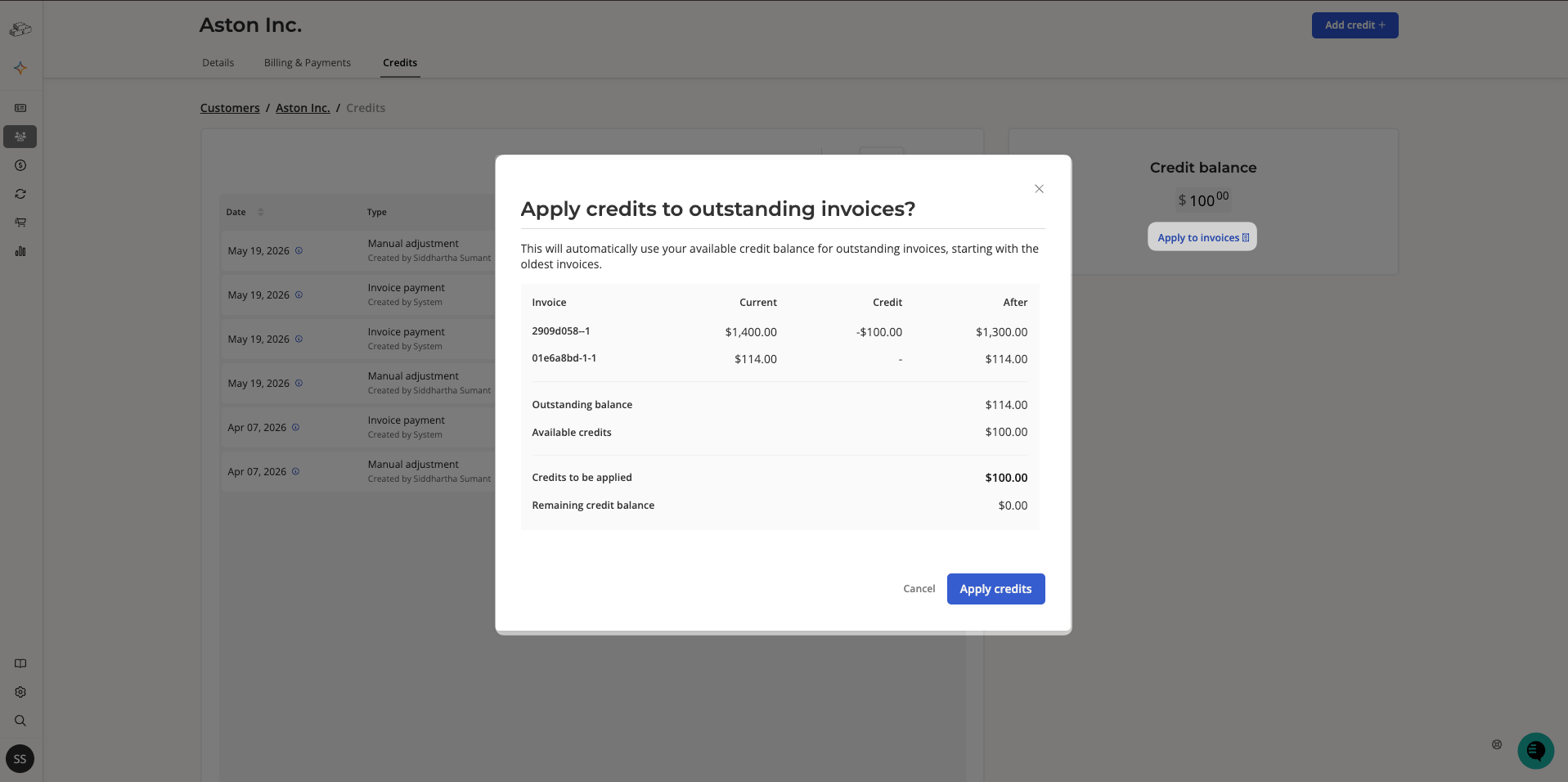 Apply credits to outstanding invoices modal