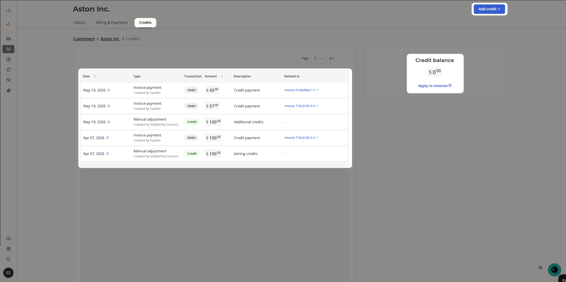 Credits tab showing credit balance and transaction log