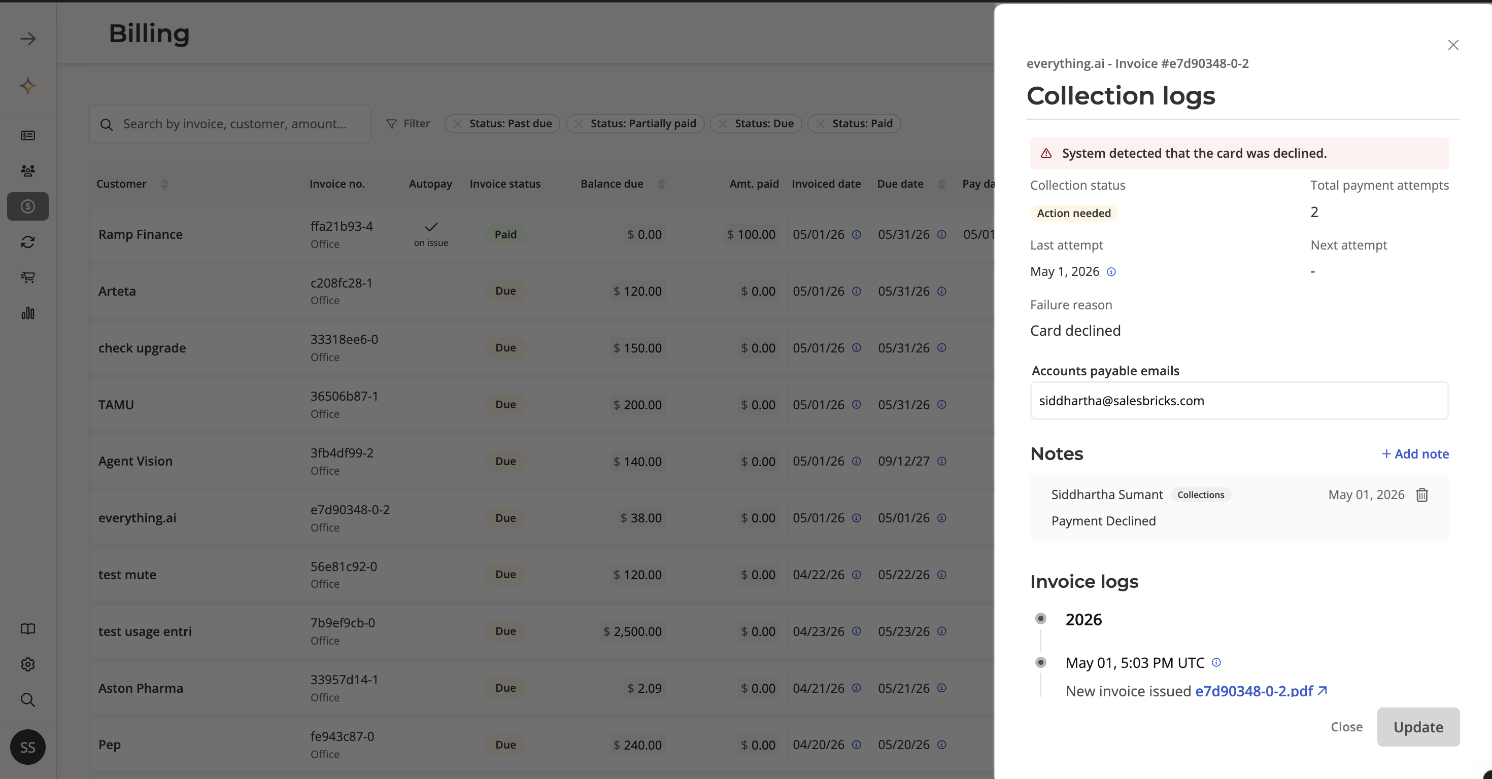 Collection logs panel showing payment failure details