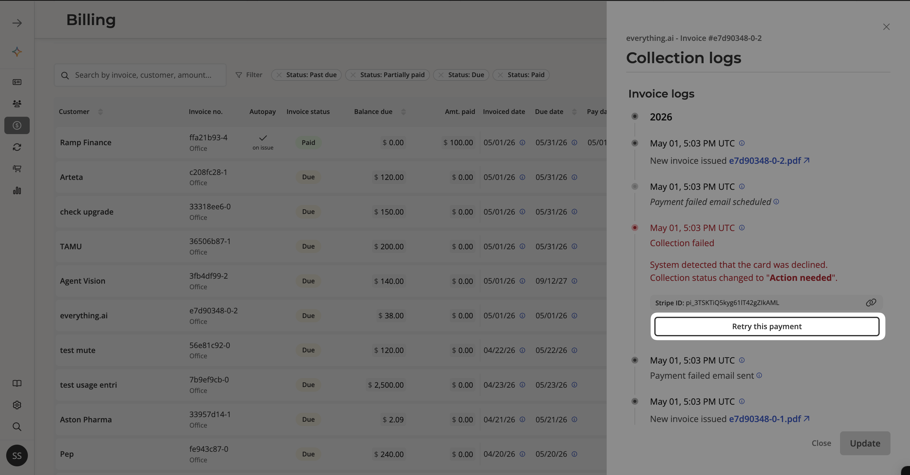 Invoice log showing payment failure and retry option