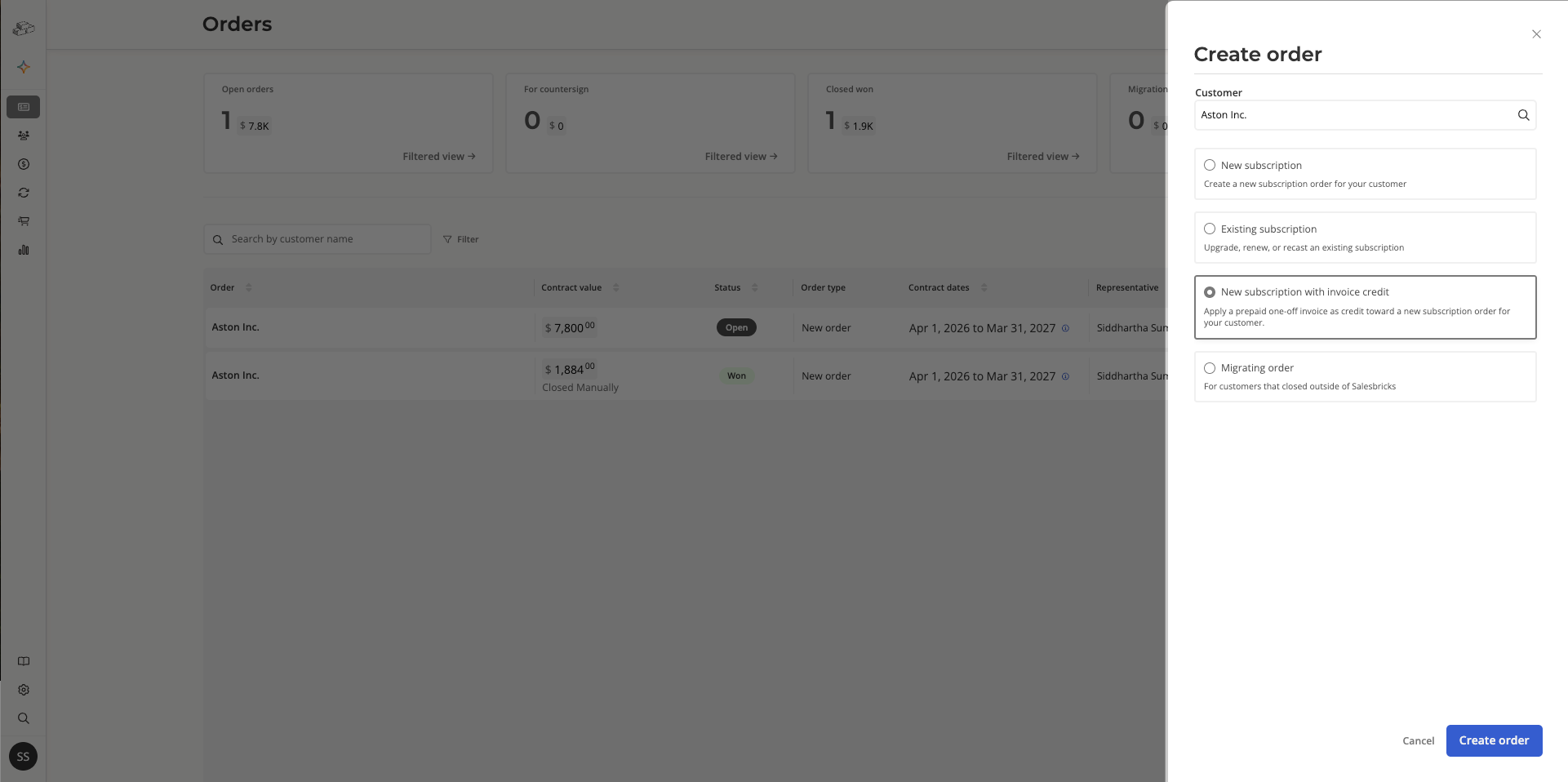 Create order with invoice credit