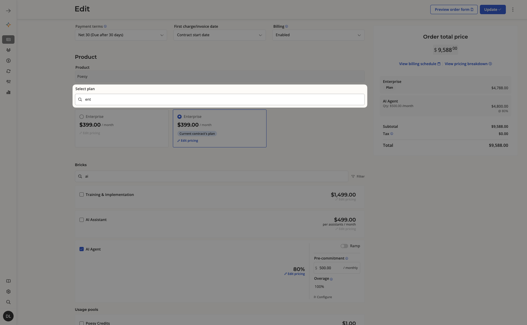 Searching and filtering plans in the order builder