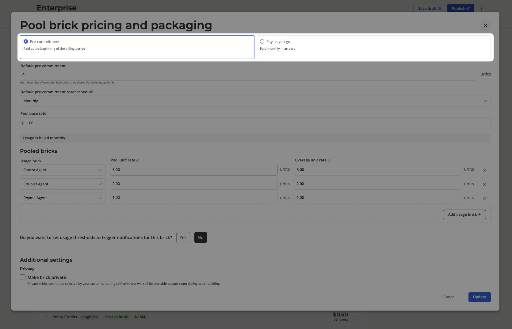 Billing mode selector with Pre-commitment and Pay as you go options
